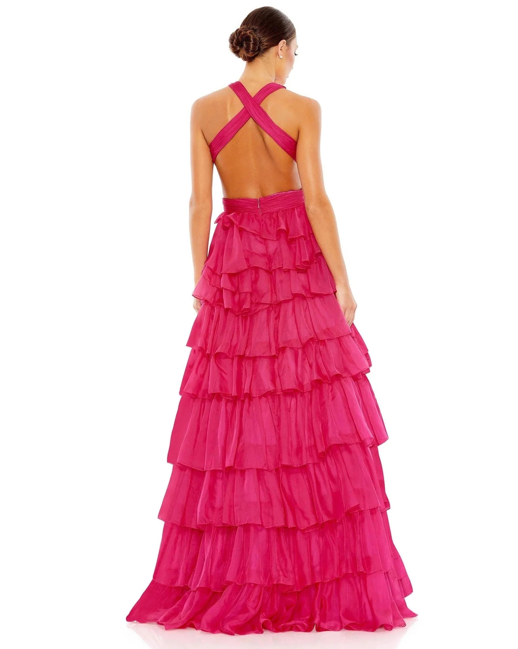 Glamorous Ball-Gown Halter Sleeveless Open-Back Floor-Length Ruffled Prom Dress