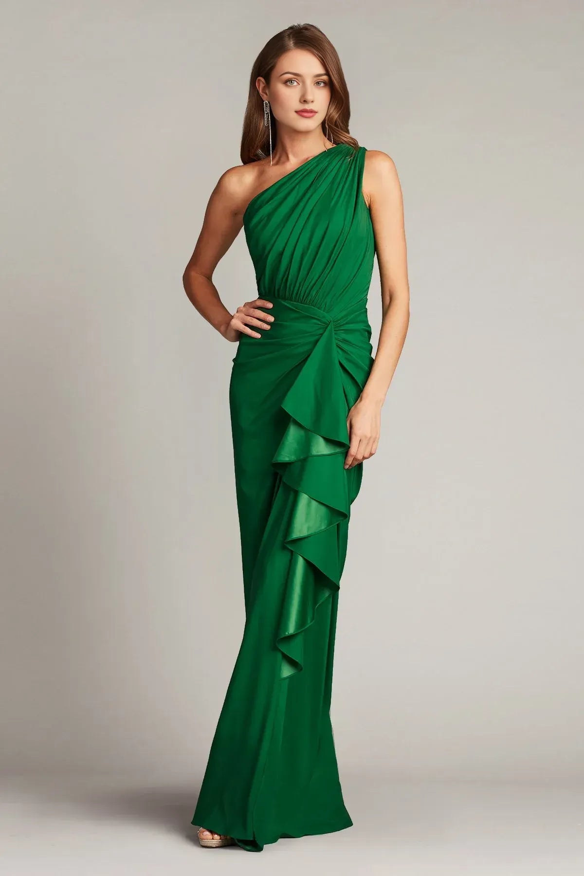 Glamorous Fitted One-Shoulder Sleeveless Open-Back Floor-Length Prom Dress