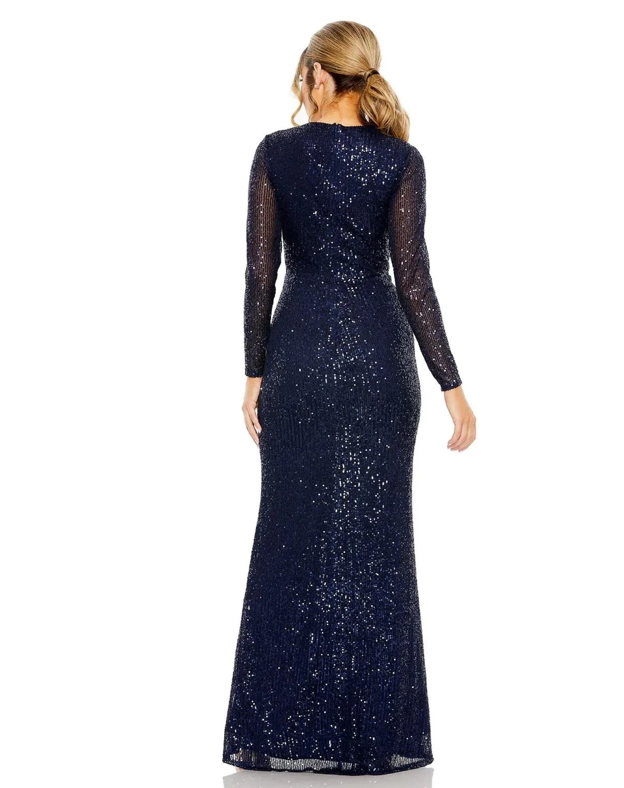 Glamorous Mermaid Crew-Neck Sheer-Long-Sleeve Zipper-Back Floor-Length Prom Dress