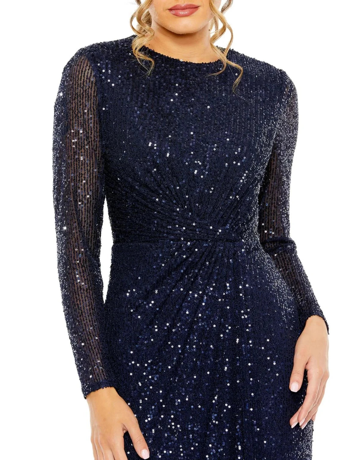 Glamorous Mermaid Crew-Neck Sheer-Long-Sleeve Zipper-Back Floor-Length Prom Dress