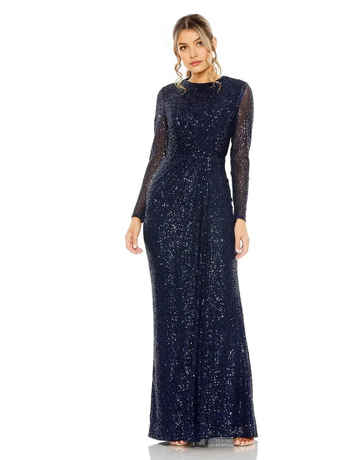 Glamorous Mermaid Crew-Neck Sheer-Long-Sleeve Zipper-Back Floor-Length Prom Dress