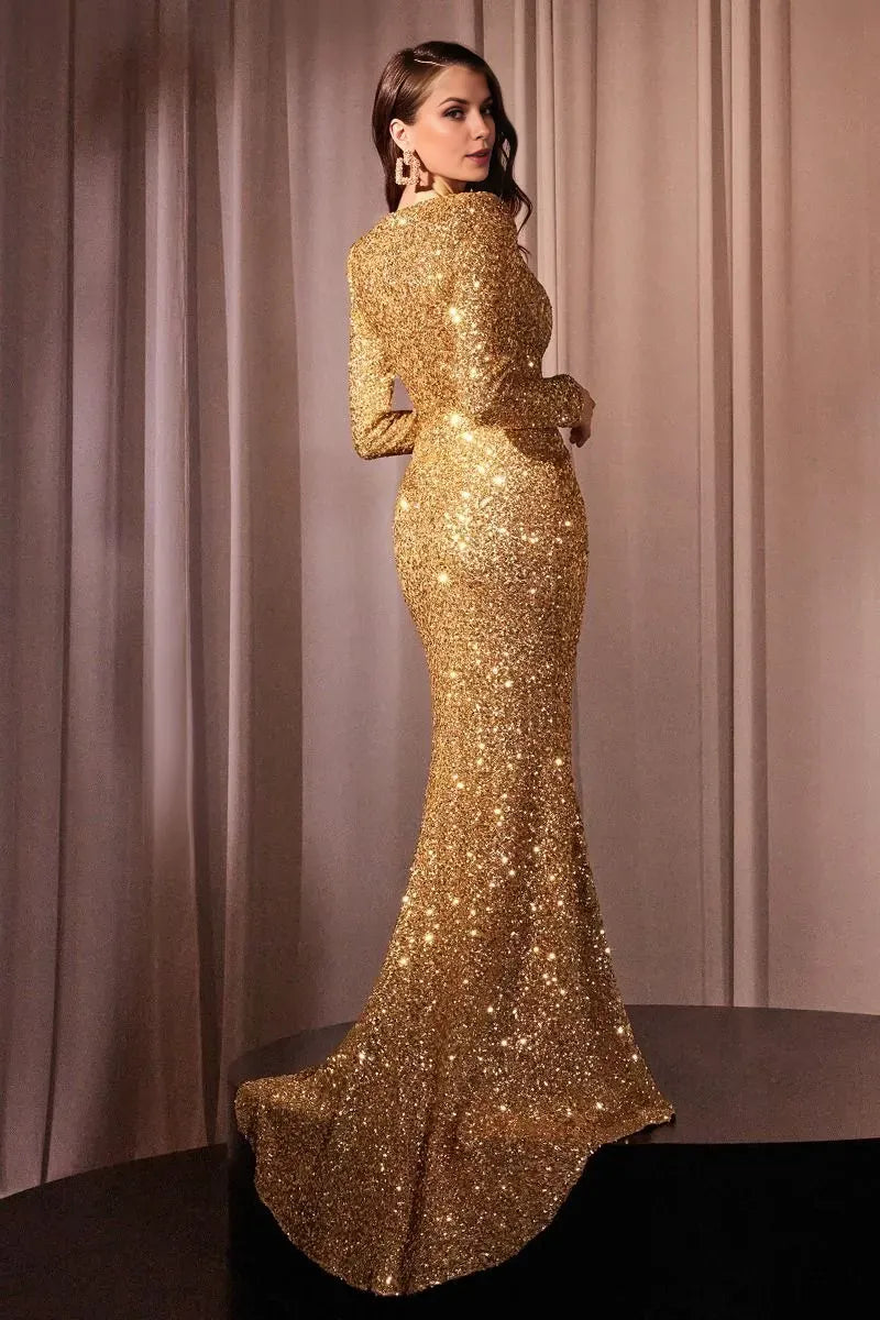 Glamorous Mermaid Deep V Long Sleeve Open Back Train Length Prom Dress