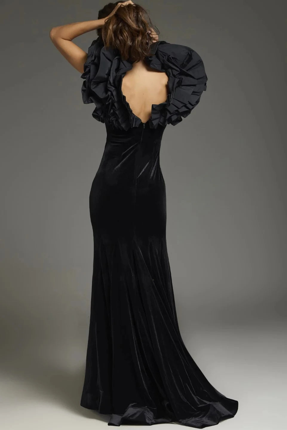 Glamorous Mermaid Deep V Ruffled Sleeve Zipper Back Train Floor Length Prom Dress