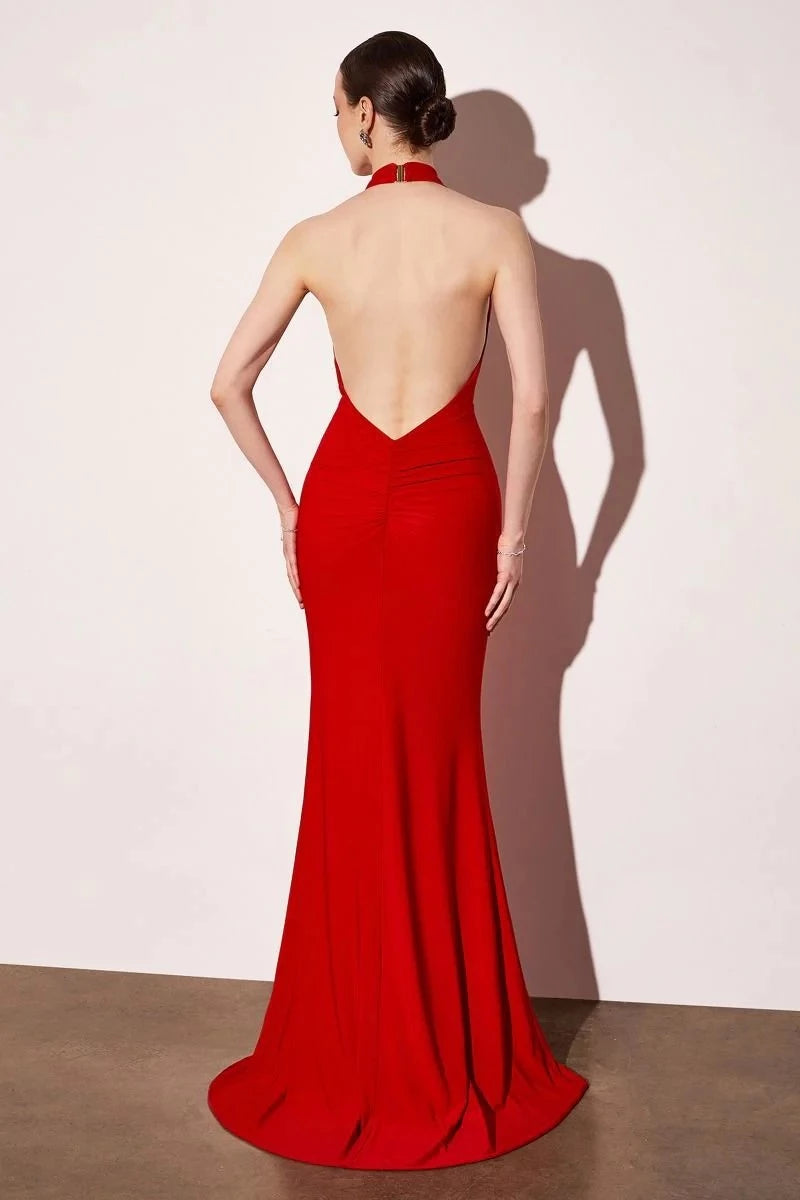 Glamorous Mermaid Halter Neck Sleeveless Open Back Train Floor Length Prom Dress