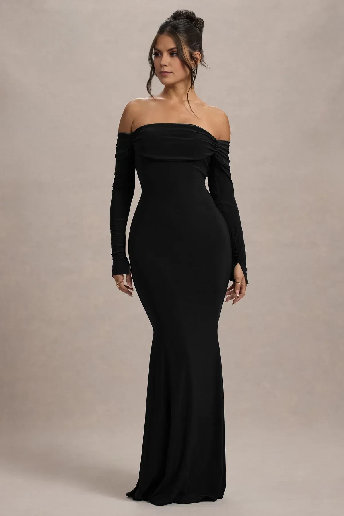 Glamorous Mermaid Off Shoulder Long Sleeve Ruched Floor Length Prom Dress