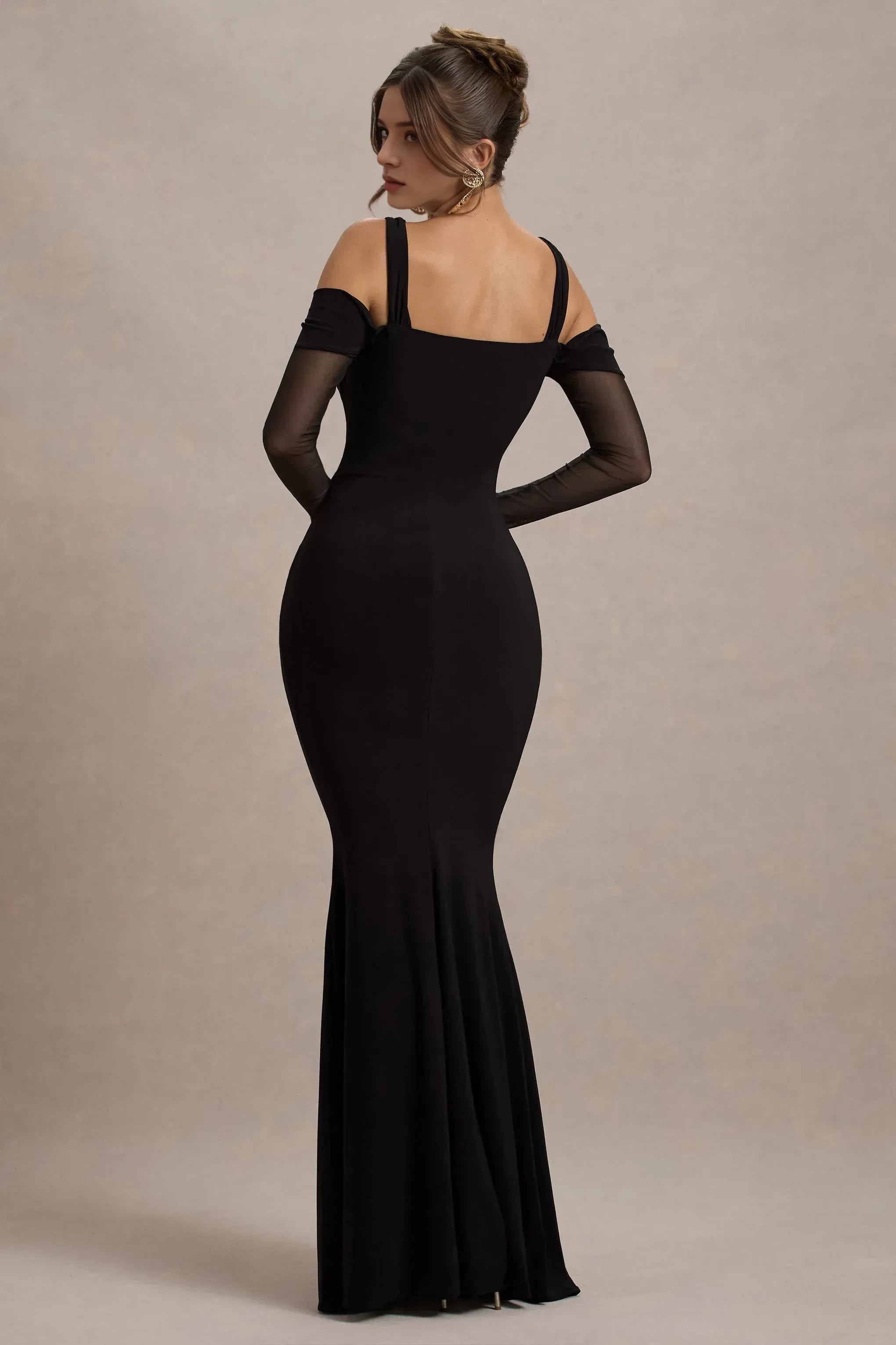 Glamorous Mermaid Off Shoulder Sheer Long Sleeve High Slit Floor Length Prom Dress