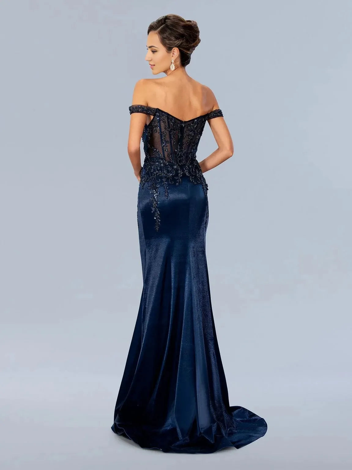 Glamorous Mermaid Off-Shoulder Short-Sleeve Lace-Up-Back Train-Floor-Length Prom Dress