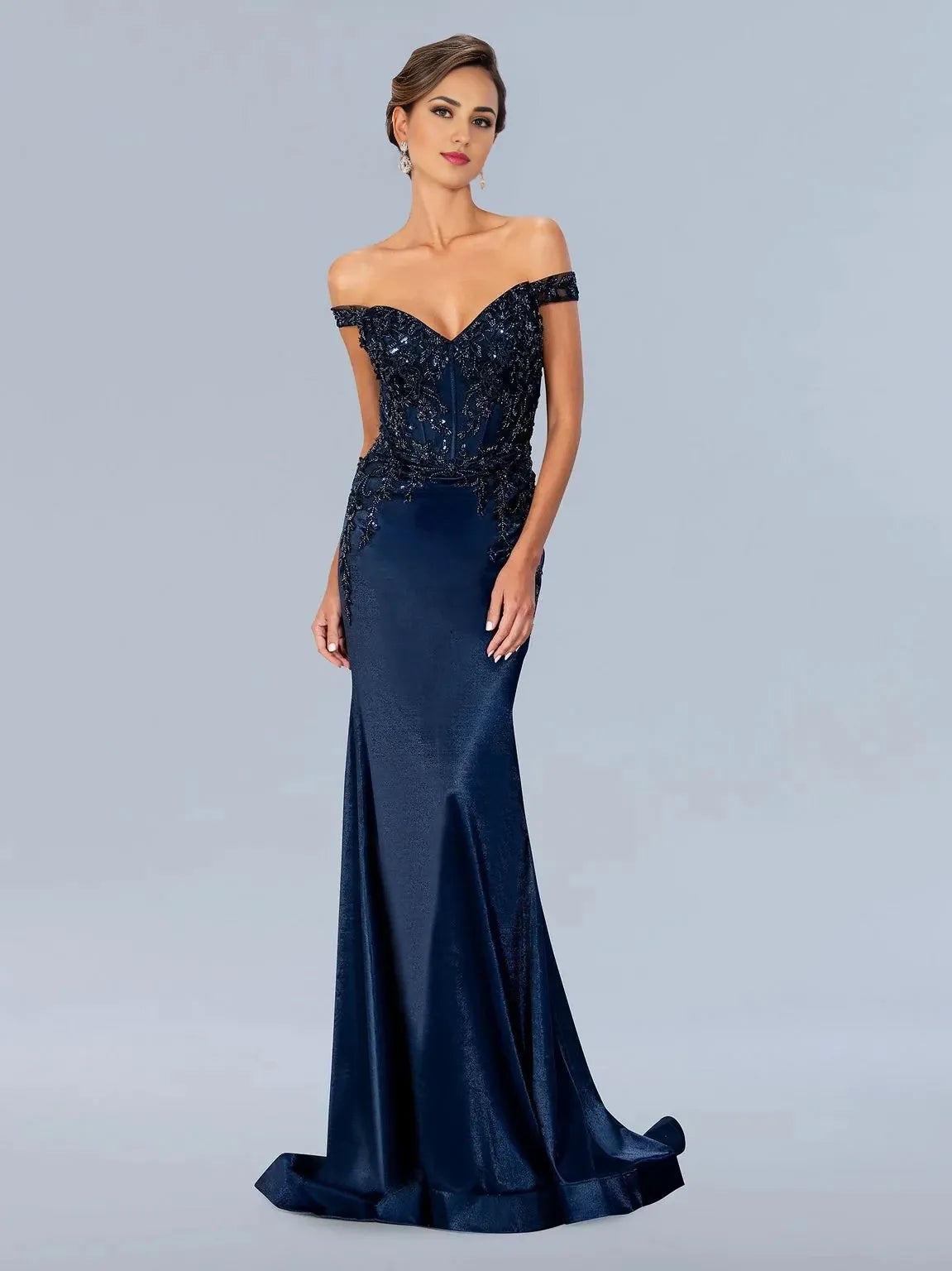 Glamorous Mermaid Off-Shoulder Short-Sleeve Lace-Up-Back Train-Floor-Length Prom Dress