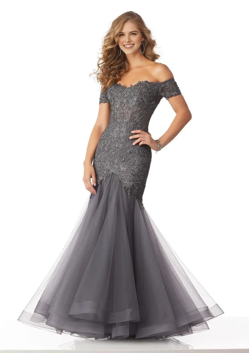 Glamorous Mermaid Off-Shoulder Short-Sleeve Zipper-Back Floor-Length Lace Prom Dress