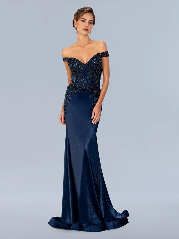 Glamorous Mermaid Off-The-Shoulder Short-Sleeve Open-Back Floor-Length Prom Dress