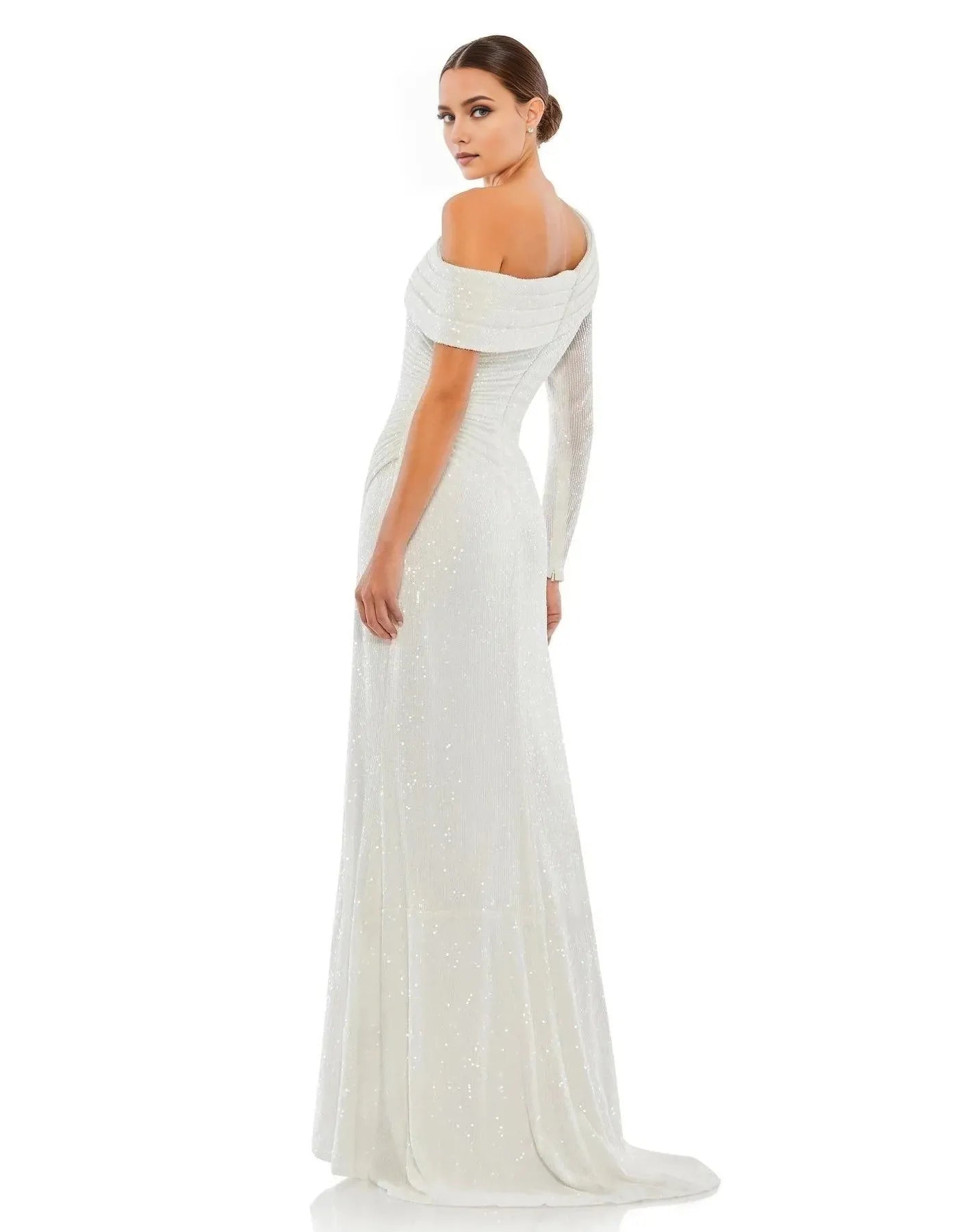 Glamorous Mermaid One-Shoulder Long-Sleeve Open-Back Floor-Length Sequin Prom Dress