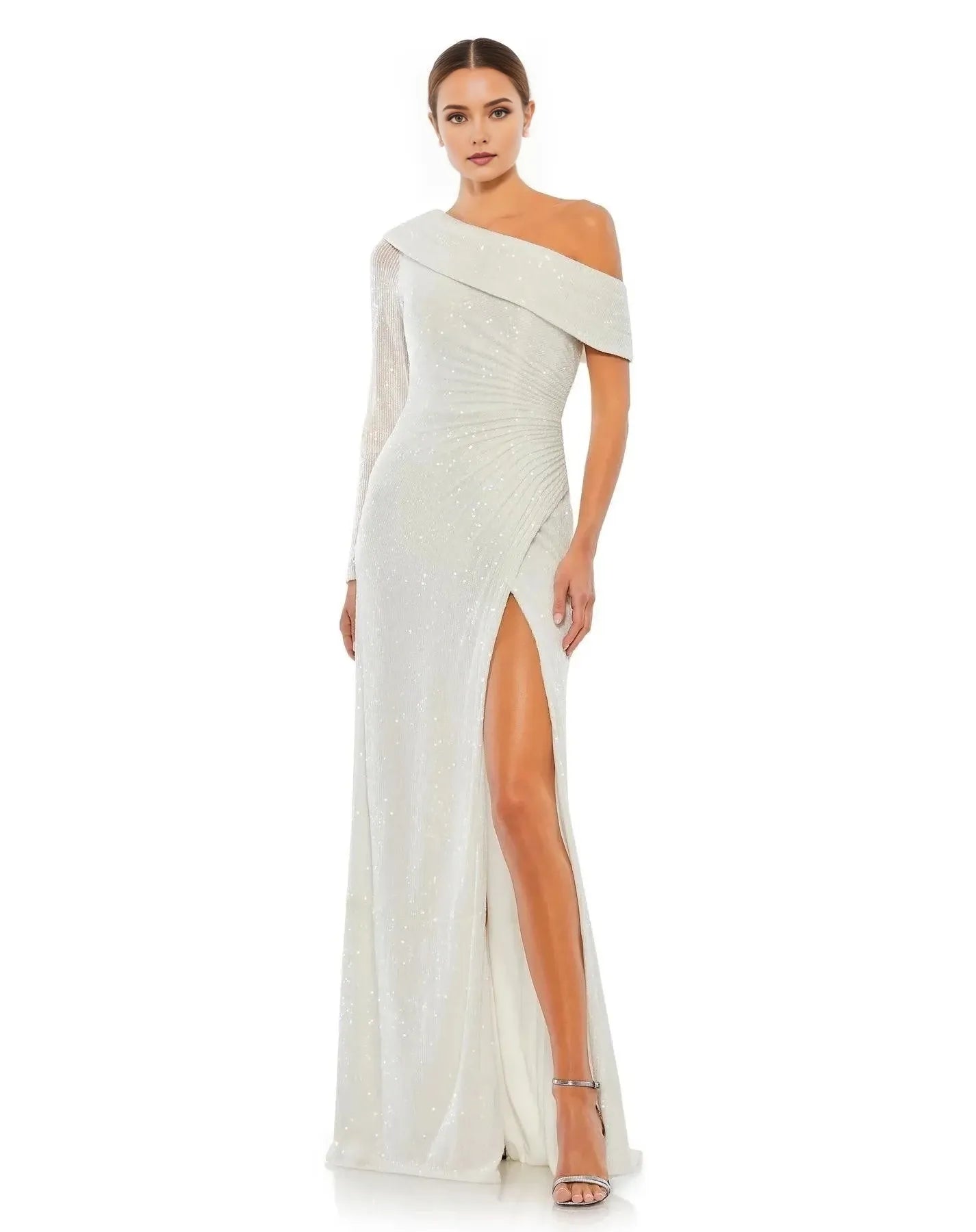 Glamorous Mermaid One-Shoulder Long-Sleeve Open-Back Floor-Length Sequin Prom Dress
