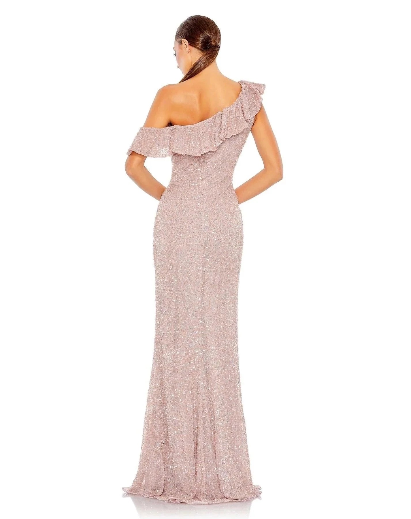 Glamorous Mermaid One-Shoulder Ruffled-Sleeve Zipper-Back Floor-Length Sequin Prom Dress