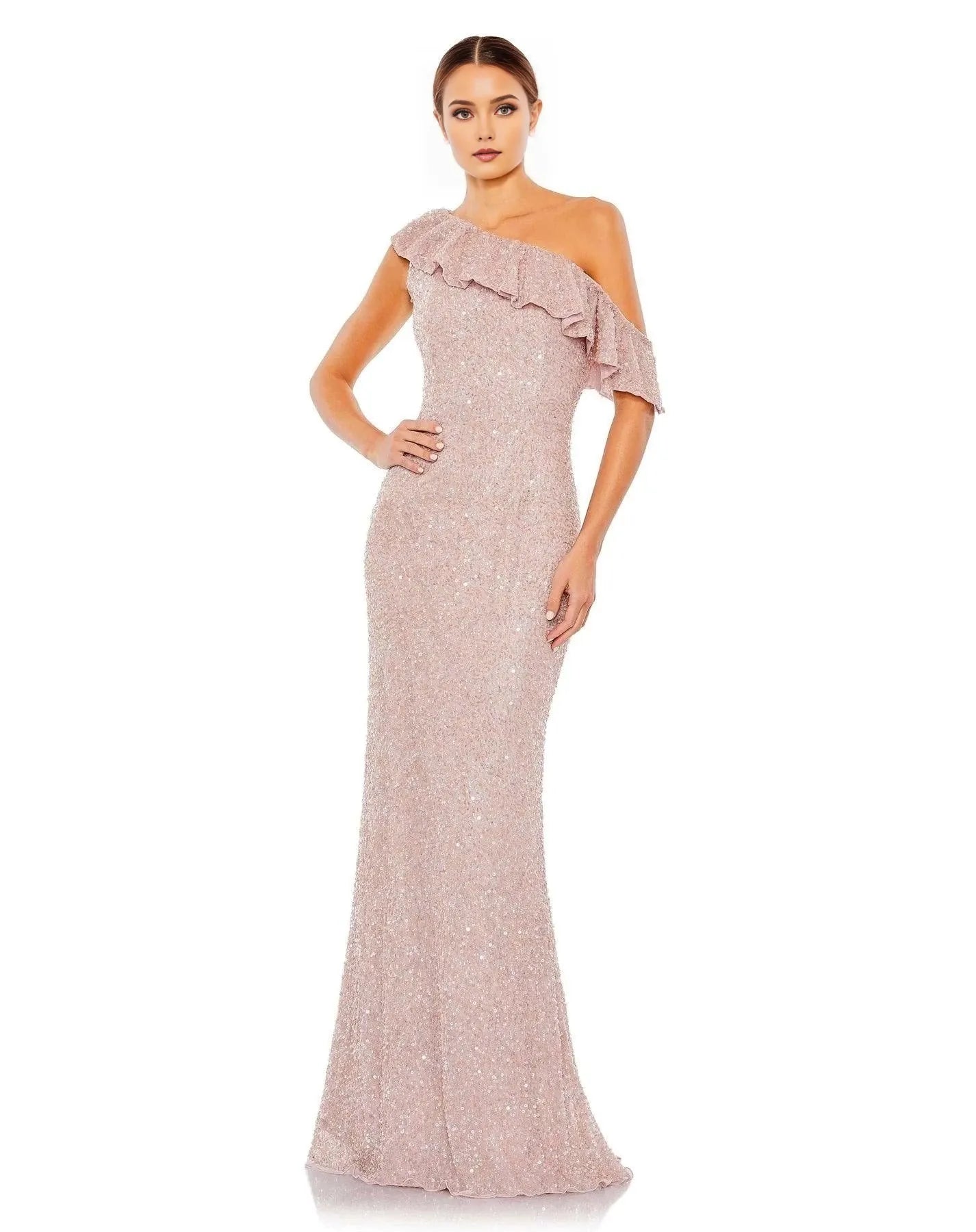 Glamorous Mermaid One-Shoulder Ruffled-Sleeve Zipper-Back Floor-Length Sequin Prom Dress