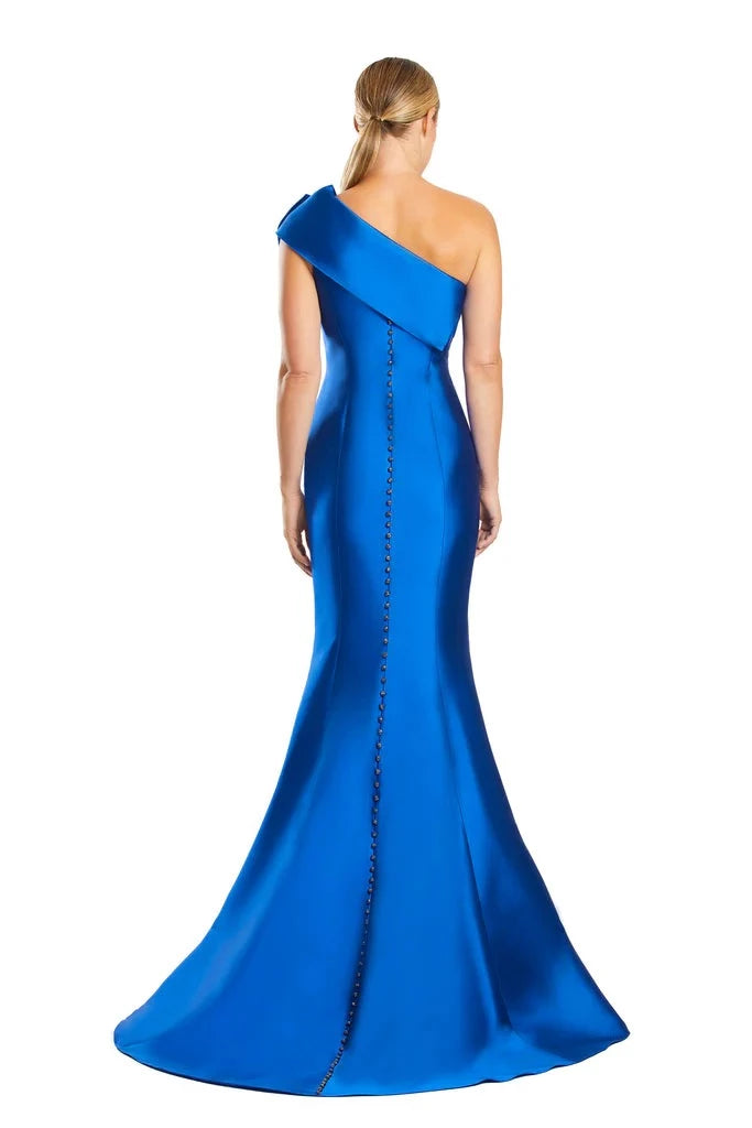 Glamorous Mermaid One Shoulder Sleeveless Button Back Train Floor Length Prom Dress