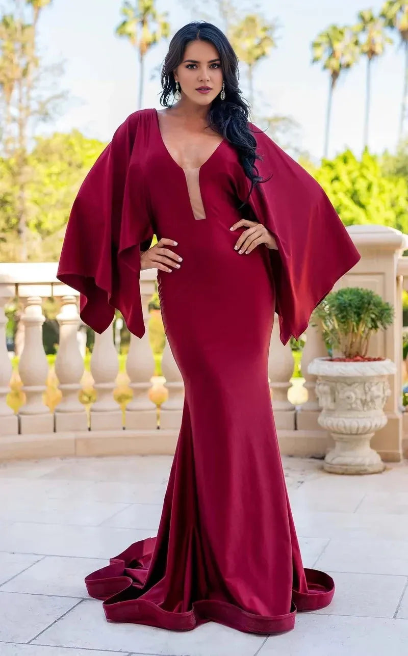 Glamorous Mermaid Plunge V Neck Cape Sleeve Open Back Train Floor Length Prom Dress
