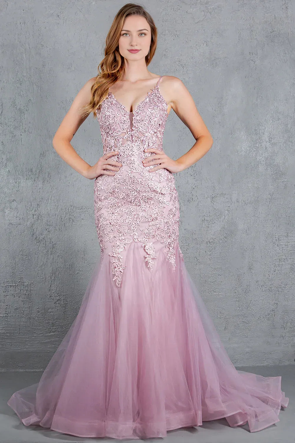 Glamorous Mermaid Plunging V-Neck Spaghetti Strap Lace Back Floor-Length Prom Dress