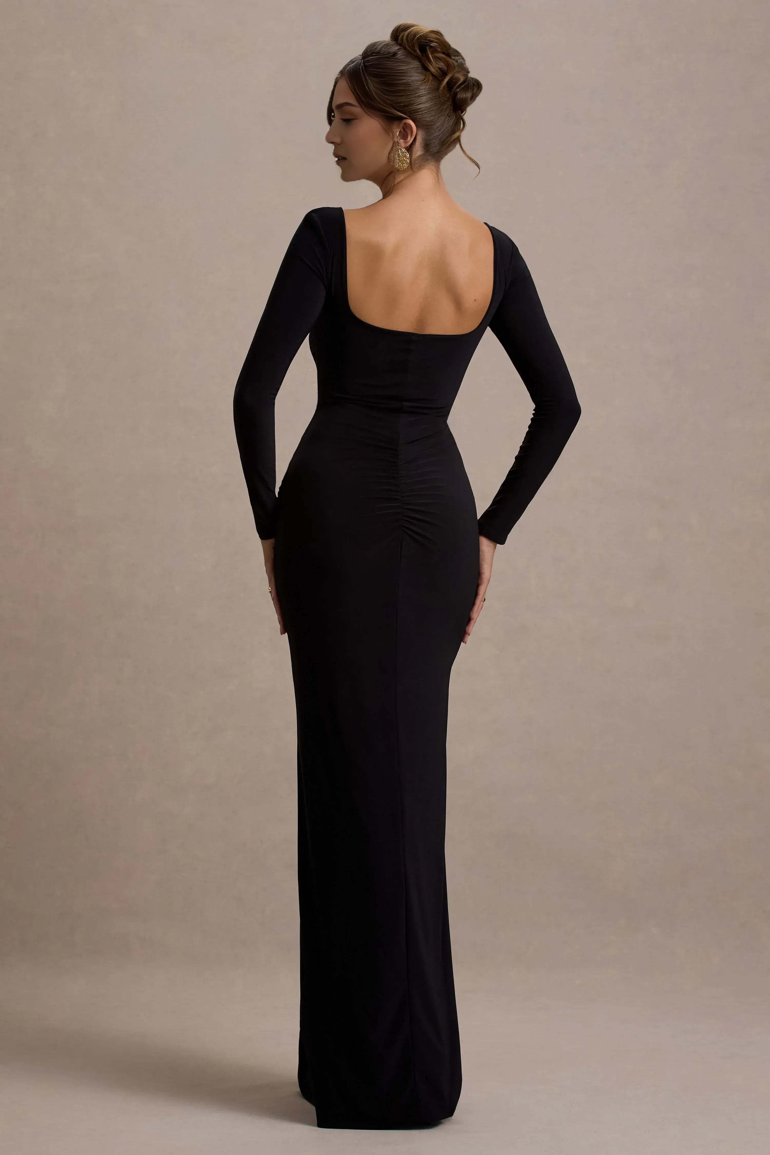 Glamorous Mermaid Square Neck Long Sleeve Ruched Bodice Side Slit Floor Length Prom Dress