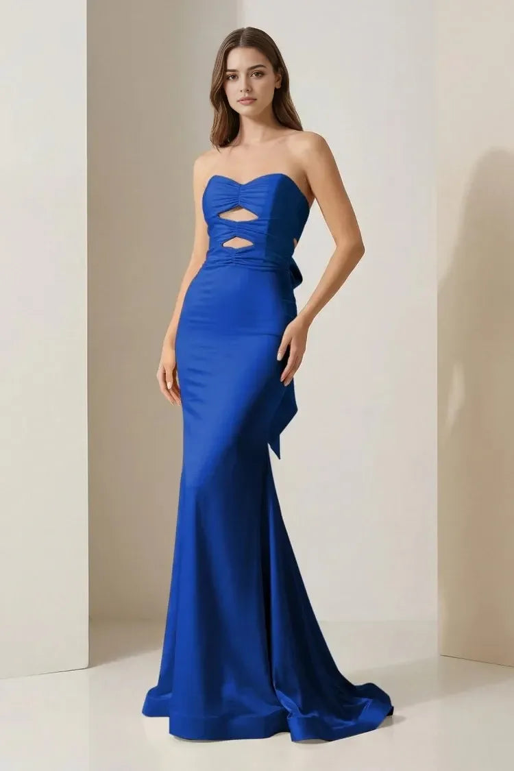 Glamorous Mermaid Strapless Sleeveless Bow-Back Floor-Length Prom Dress