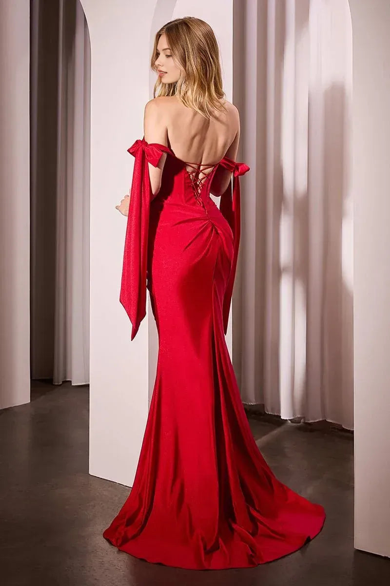 Glamorous Mermaid Sweetheart Off Shoulder Lace Up Back Train Floor Length Prom Dress