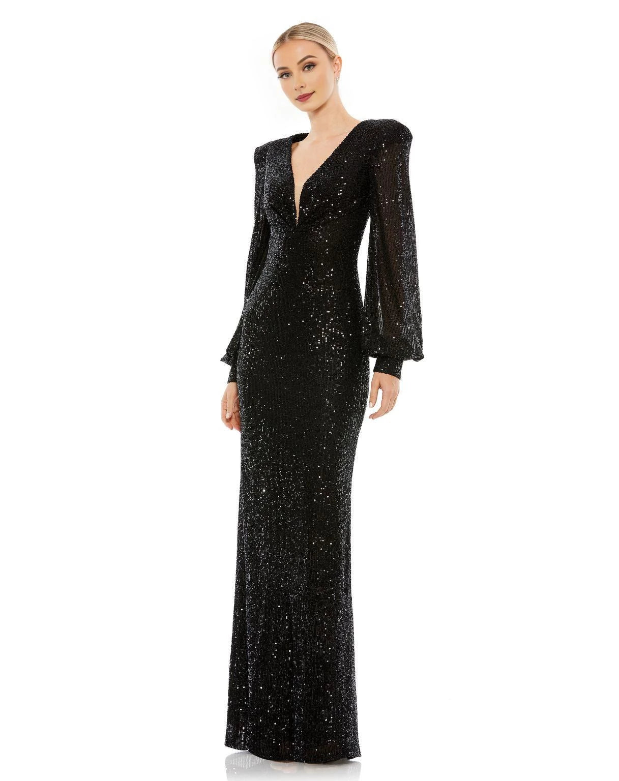 Glamorous Mermaid V-Neck Bishop Sleeve Zipper Back Floor Length Prom Dress