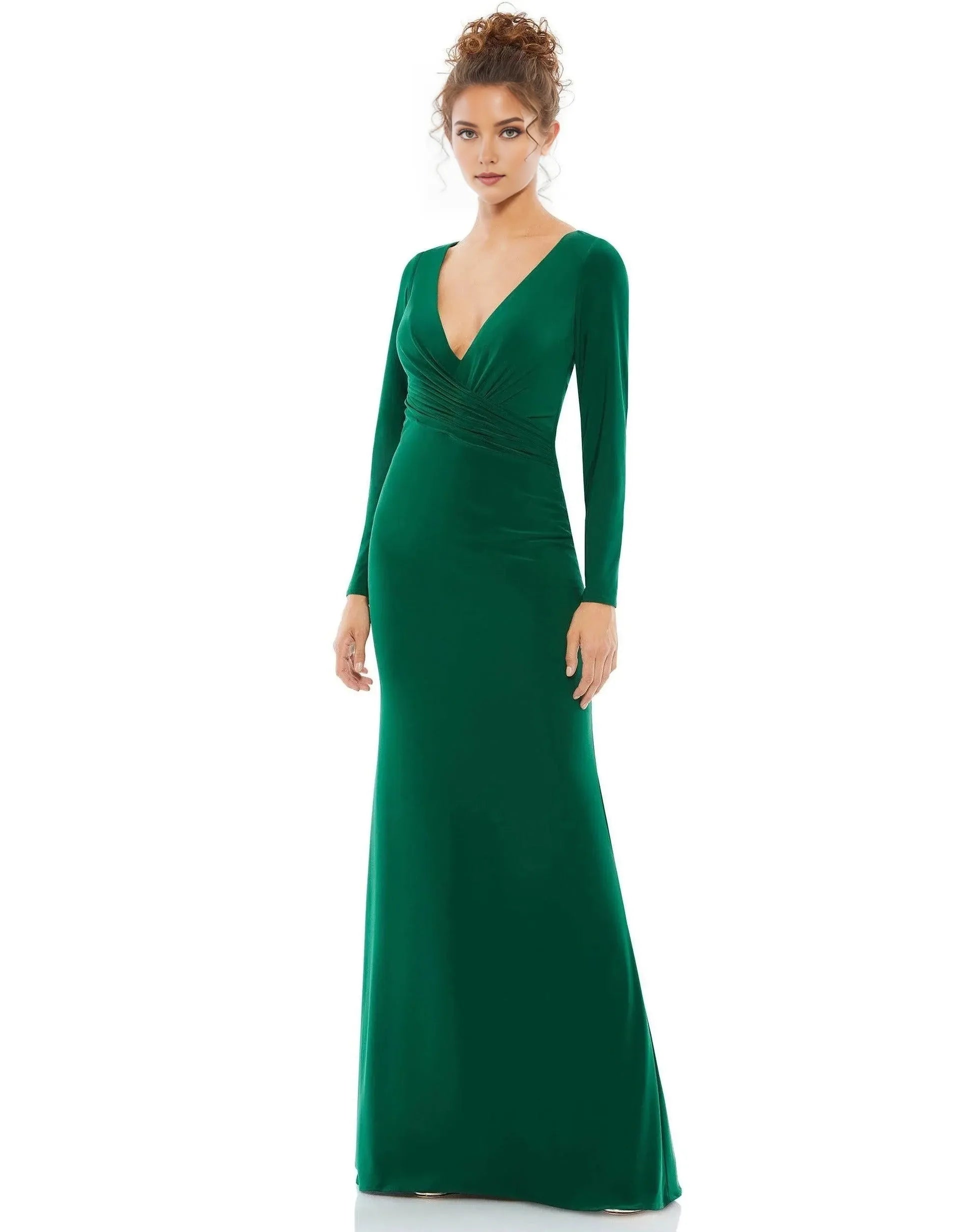 Glamorous Mermaid V-Neck Long-Sleeve Zipper-Back Floor-Length Jersey Prom Dress