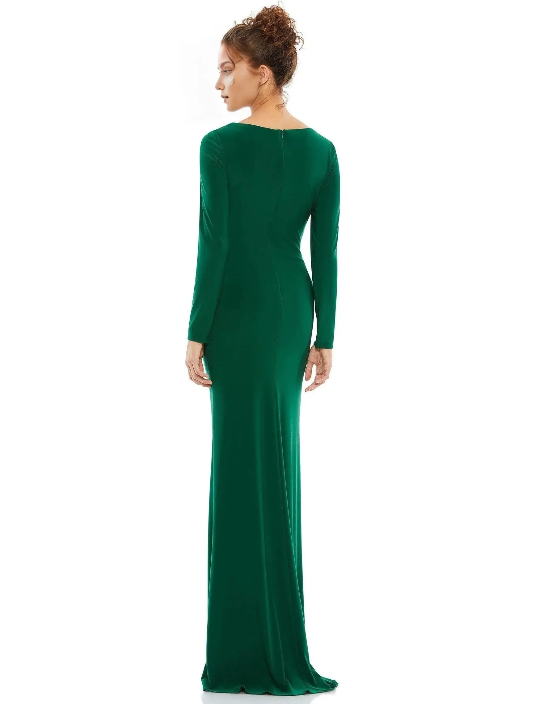 Glamorous Mermaid V-Neck Long-Sleeve Zipper-Back Floor-Length Jersey Prom Dress