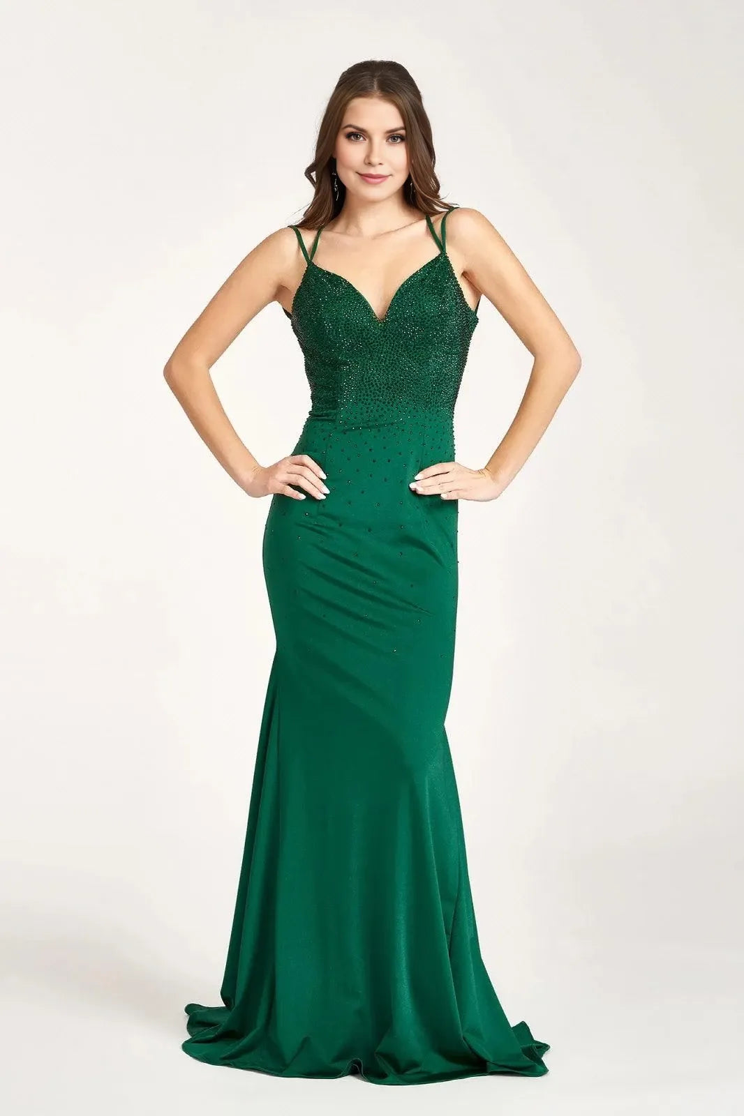 Glamorous Mermaid V-Neck Spaghetti-Strap Lace-Up-Back Floor-Length Beaded Prom Dress