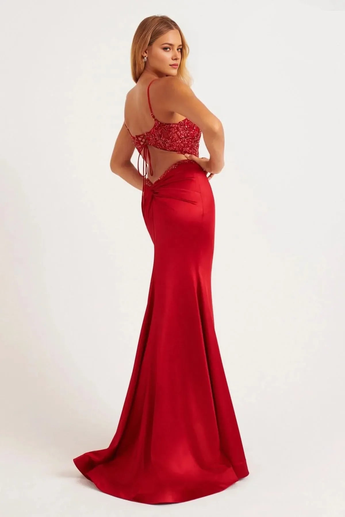 Glamorous Mermaid V Neck Spaghetti Strap Lace Up Back Train Floor Length Prom Dress