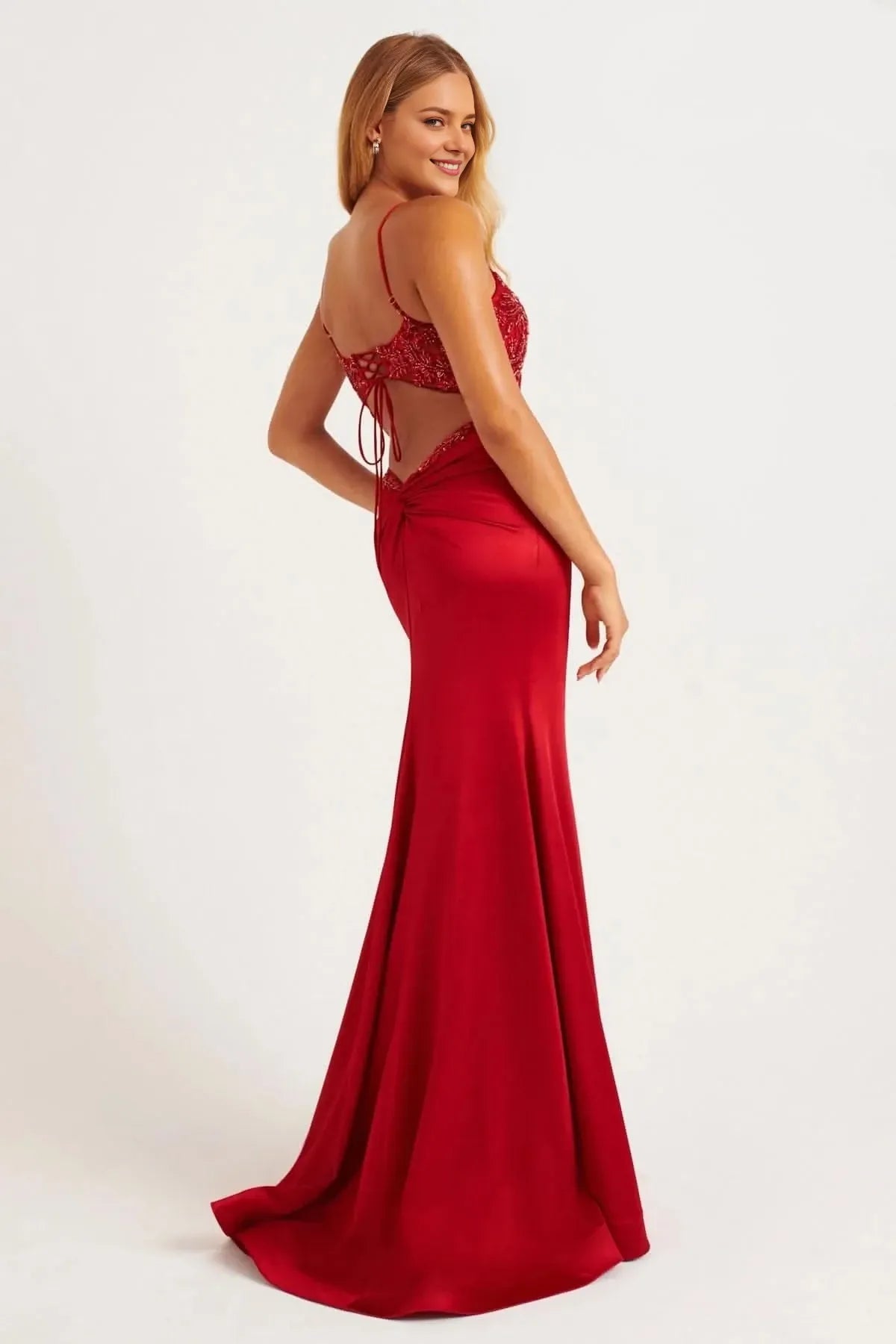 Glamorous Mermaid V Neck Spaghetti Strap Lace Up Back Train Floor Length Prom Dress