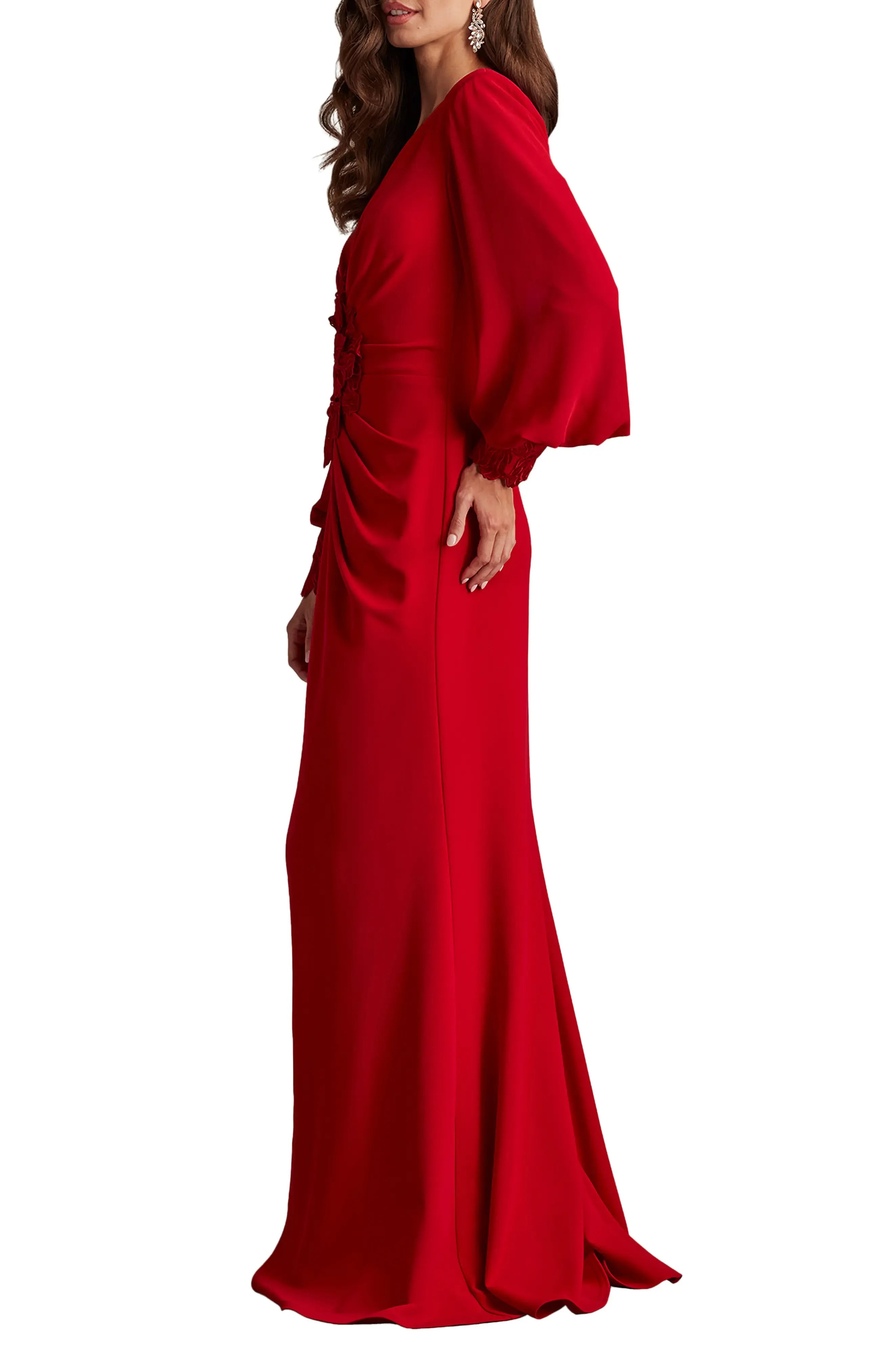 Glamorous Sheath Deep V Puff Sleeve Zip Back Maxi For Adults Evening Dress