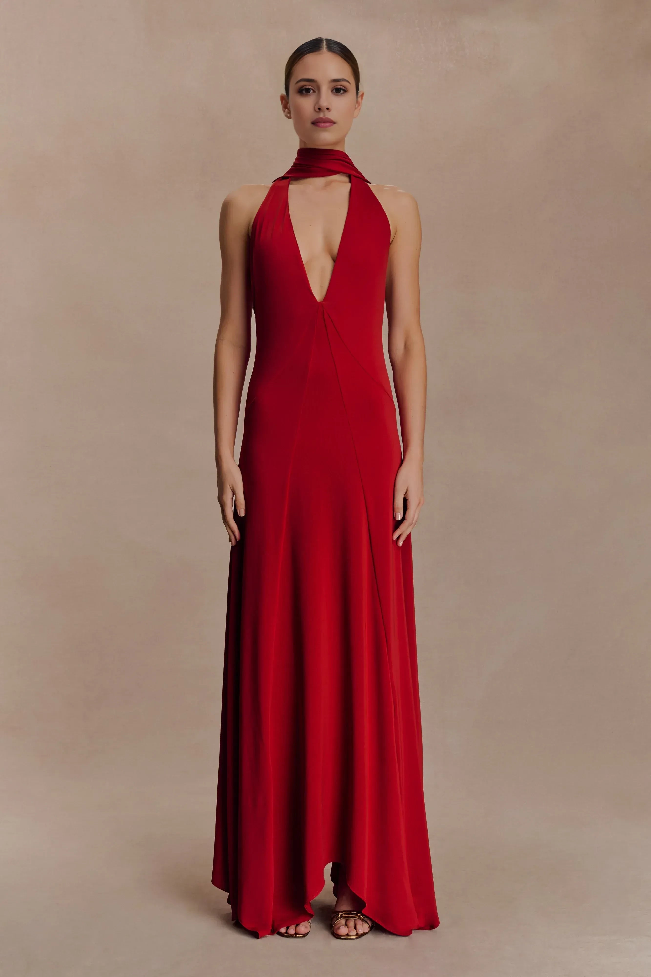 Glamorous Sheath Halter Neck Sleeveless Ruched Open Back Floor Length Prom Dress