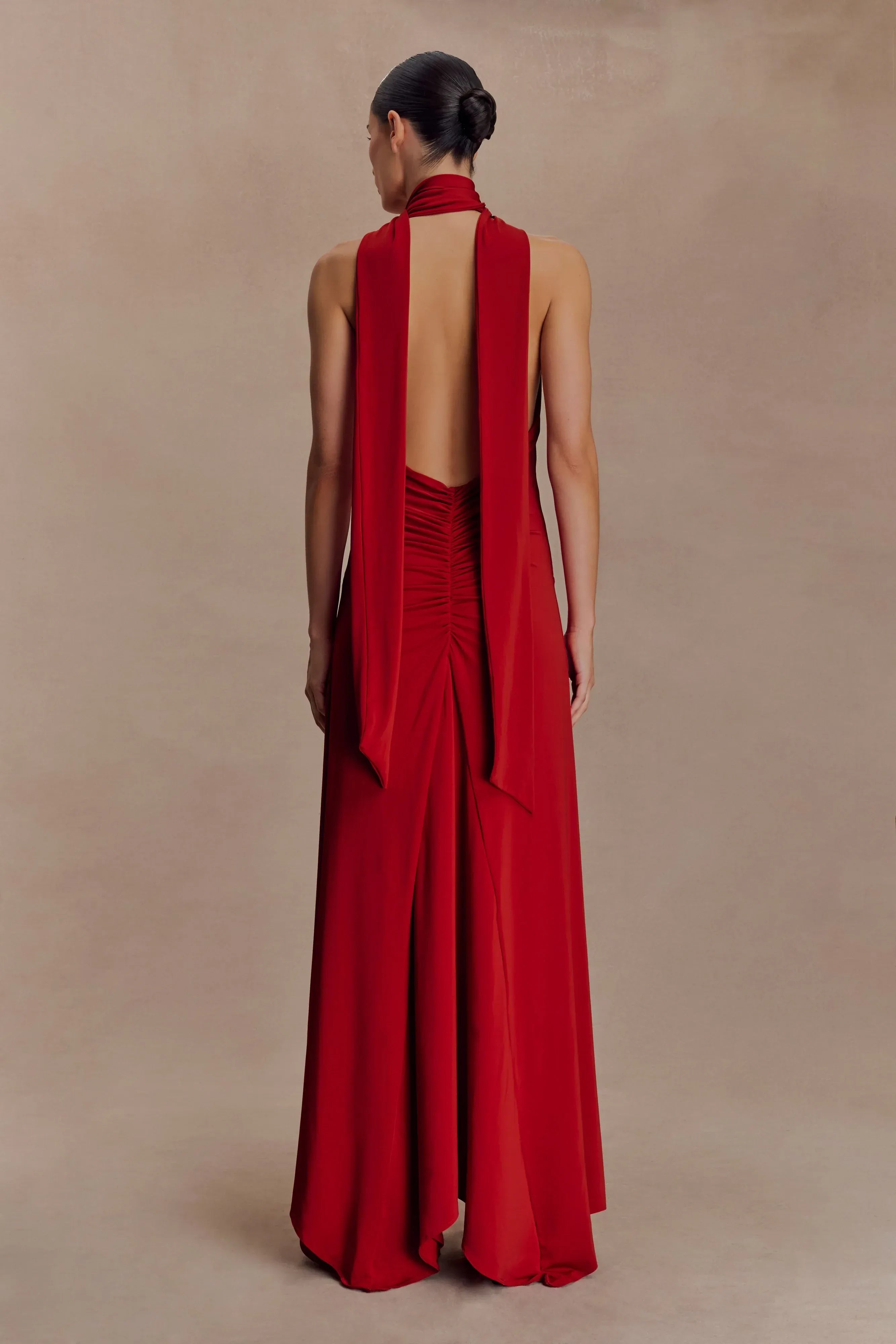 Glamorous Sheath Halter Neck Sleeveless Ruched Open Back Floor Length Prom Dress