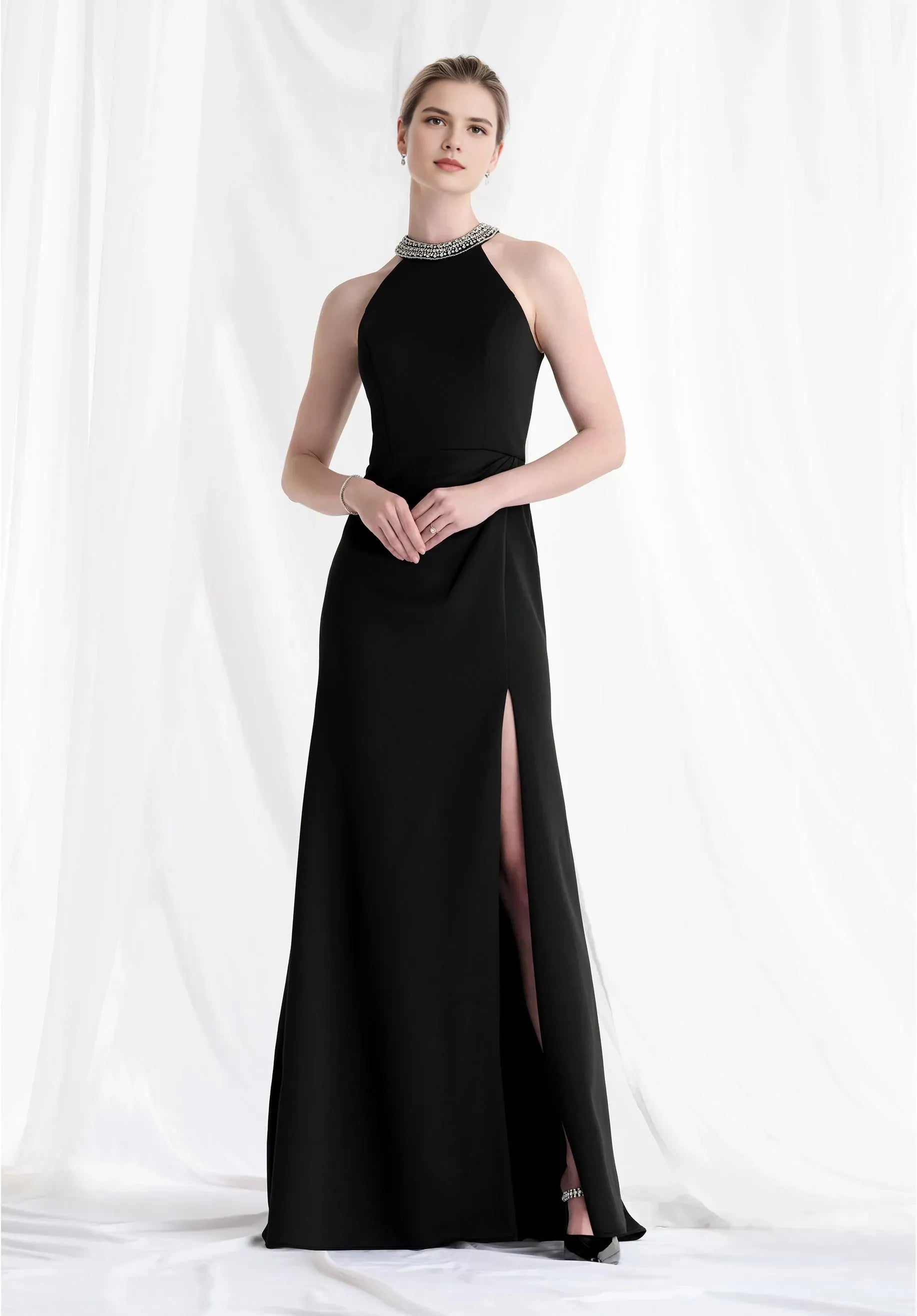 Glamorous Sheath-Halter Sleeveless Keyhole-Back Floor-Length Rhinestone Prom Dress