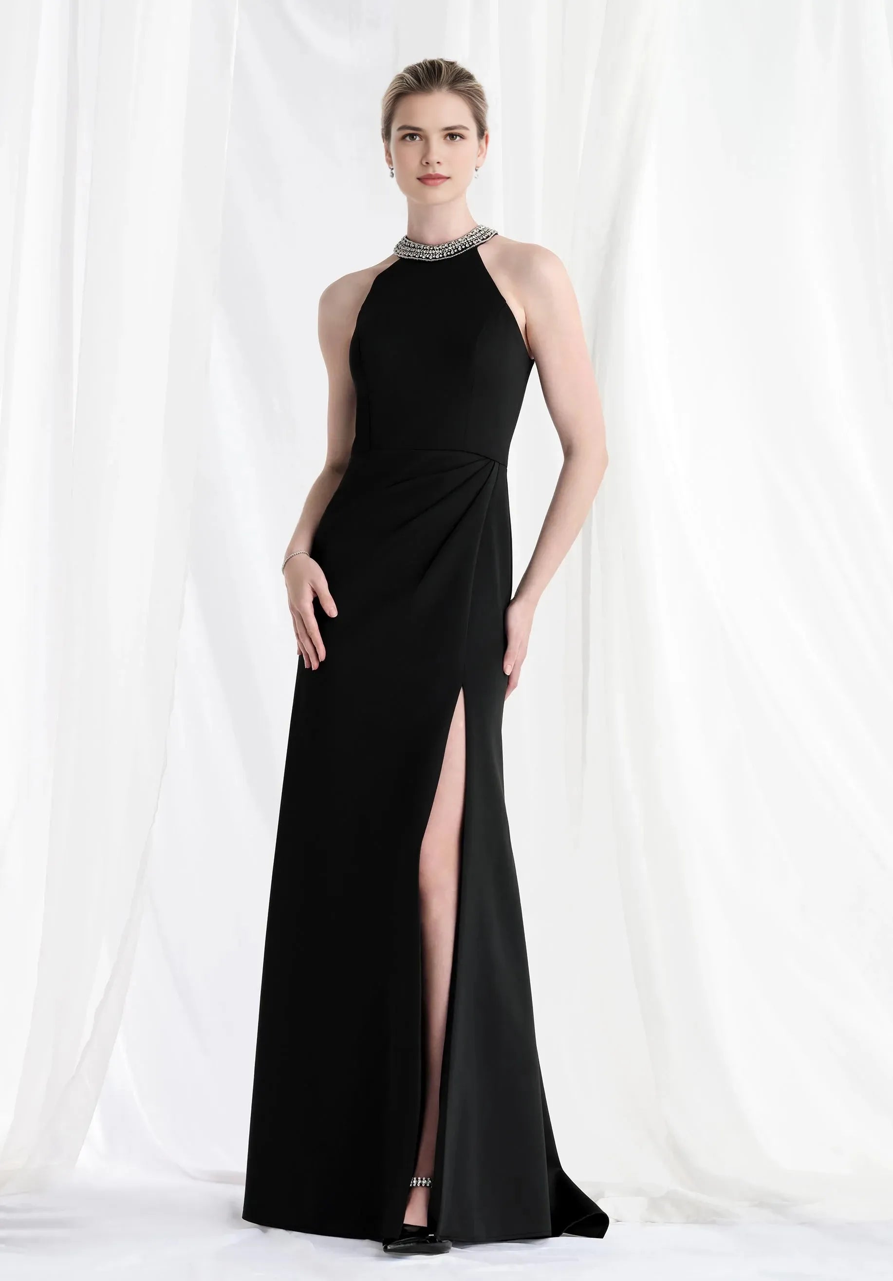 Glamorous Sheath-Halter Sleeveless Keyhole-Back Floor-Length Rhinestone Prom Dress