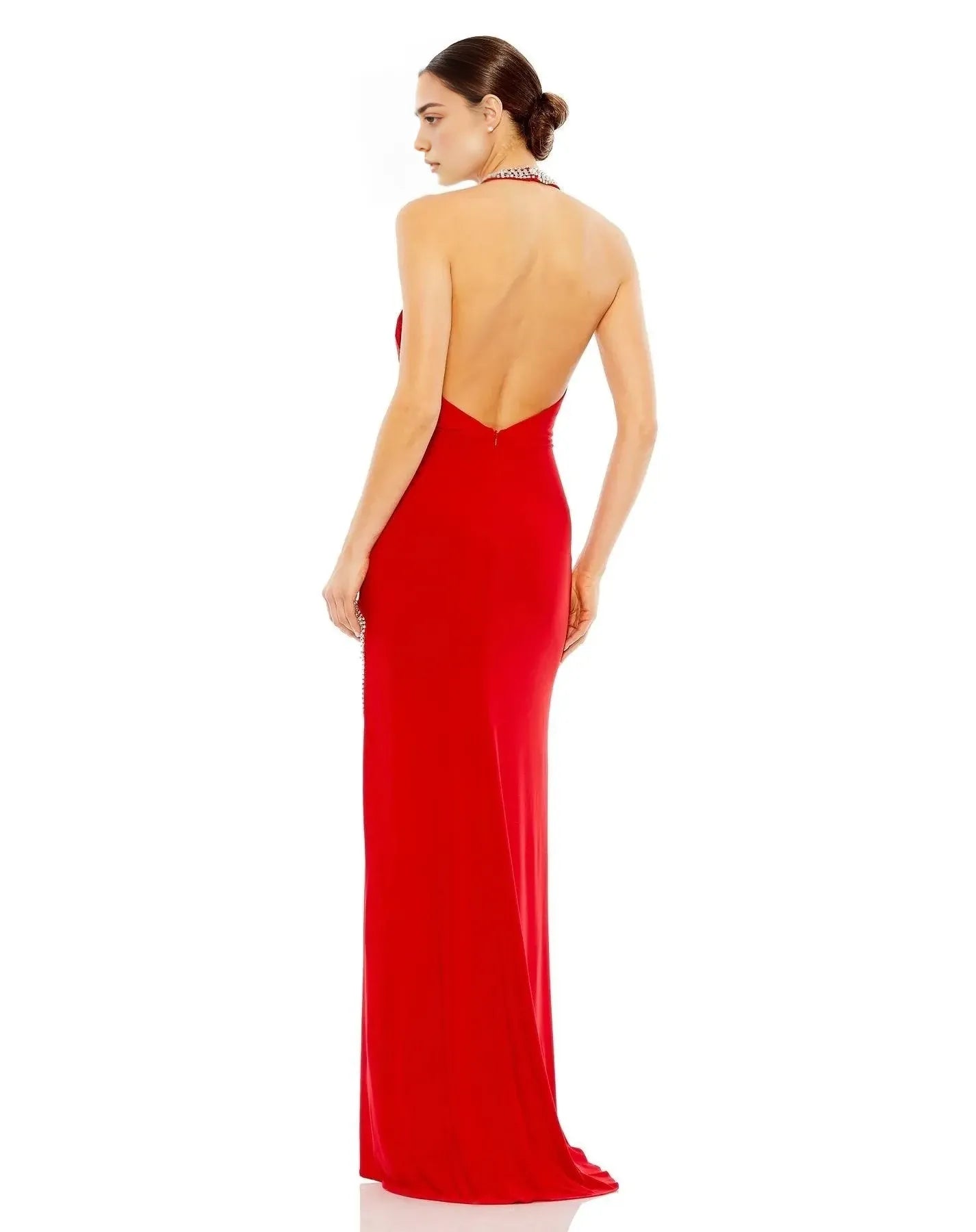 Glamorous Sheath Halter Sleeveless Open-Back High-Slit-Floor-Length Prom Dress