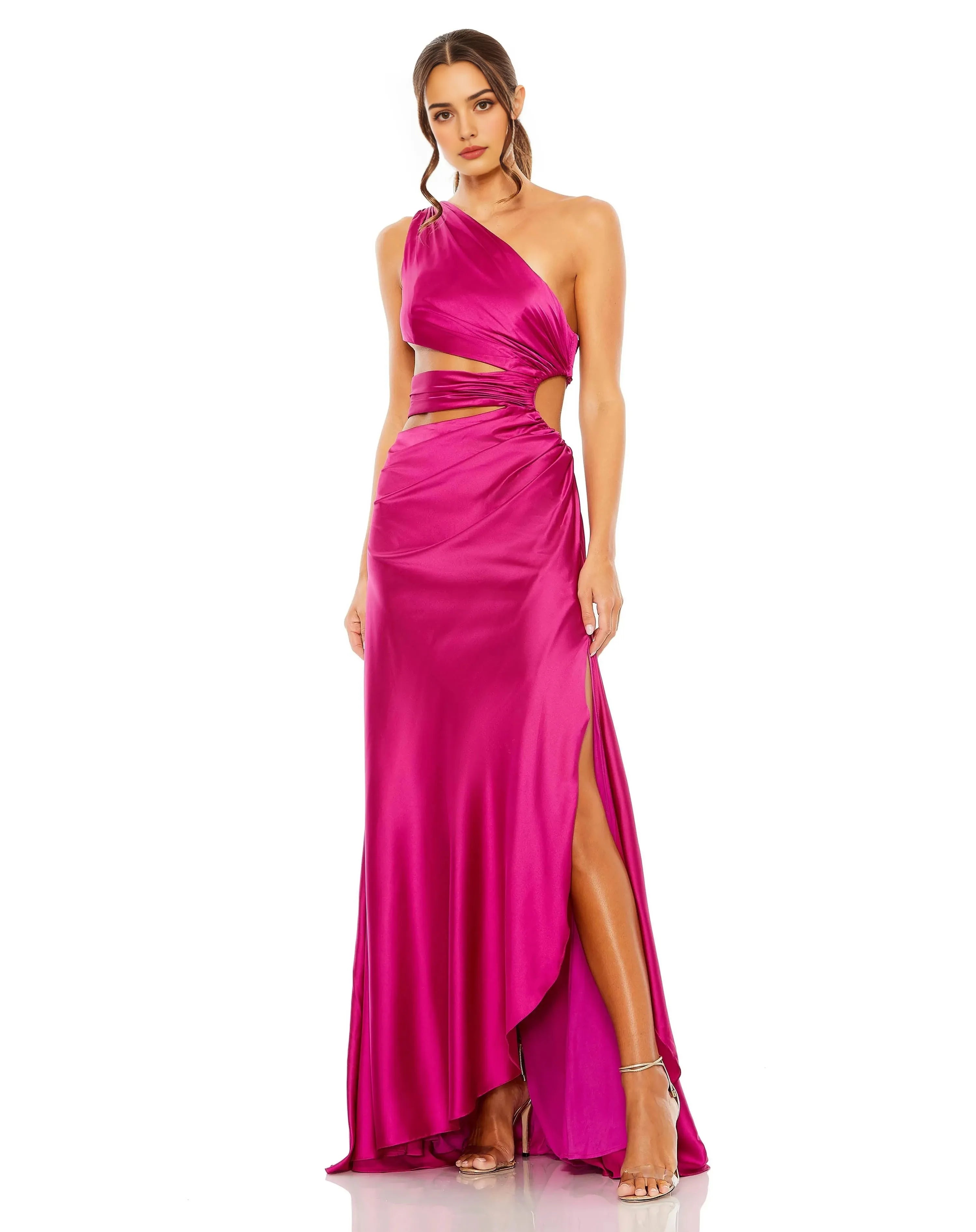 Glamorous Sheath One-Shoulder Sleeveless Cut-Out-Back Floor-Length Satin Prom Dress