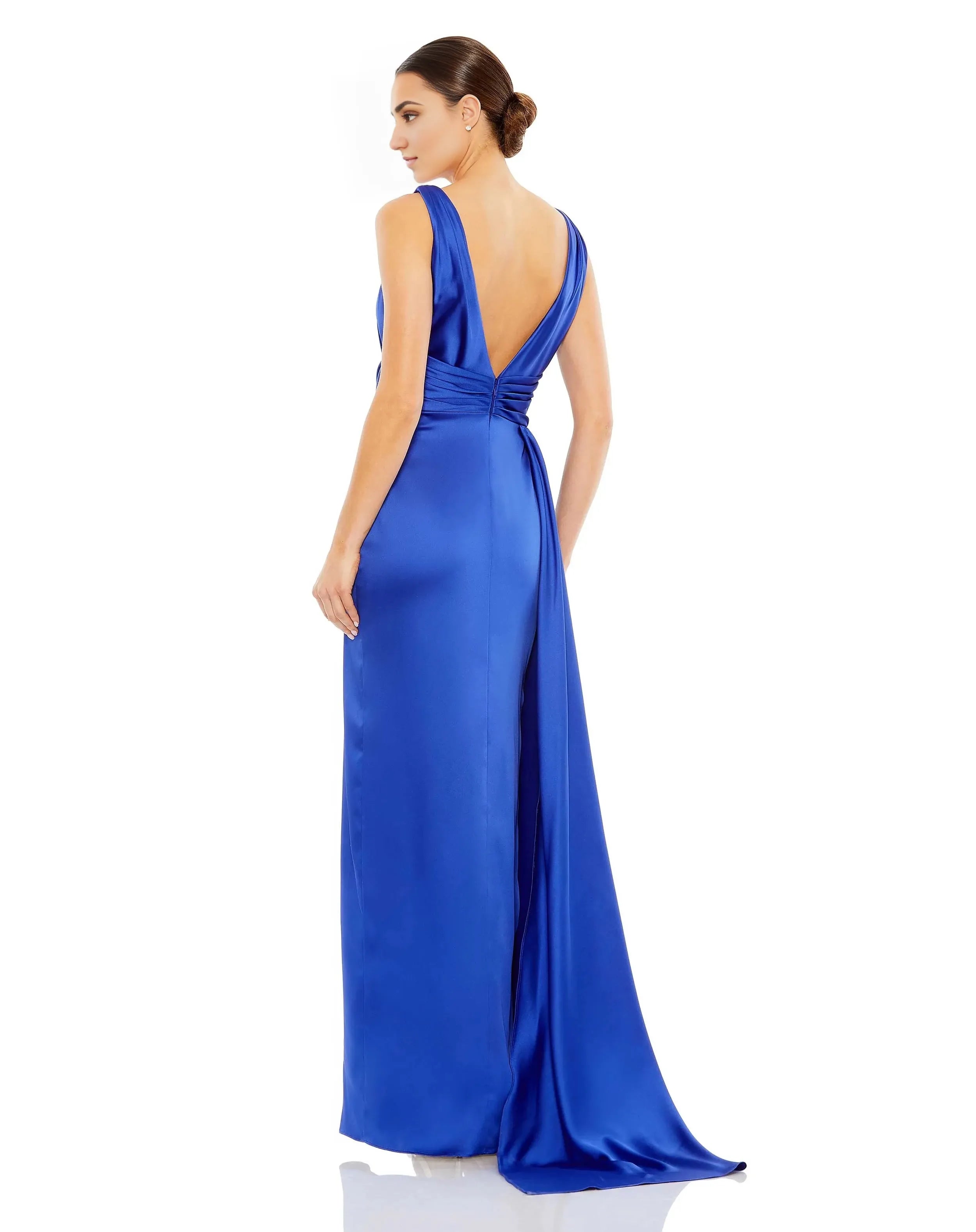 Glamorous Sheath V-Neck Sleeveless Open Back Train Floor Length Prom Dress