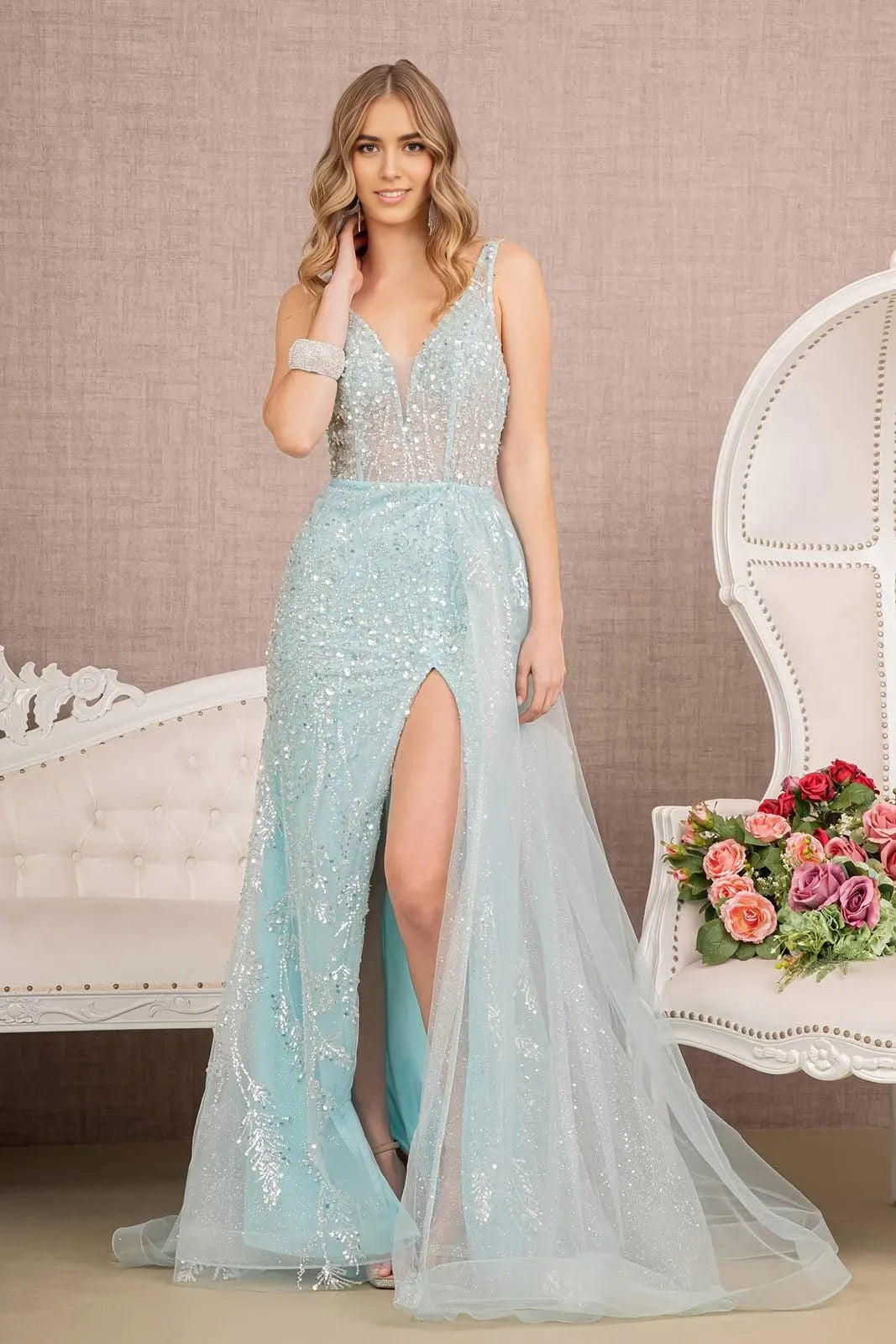 Glamorous Sheath V-Neck Spaghetti-Strap Open-Back Train-Floor-Length Beaded Prom Dress