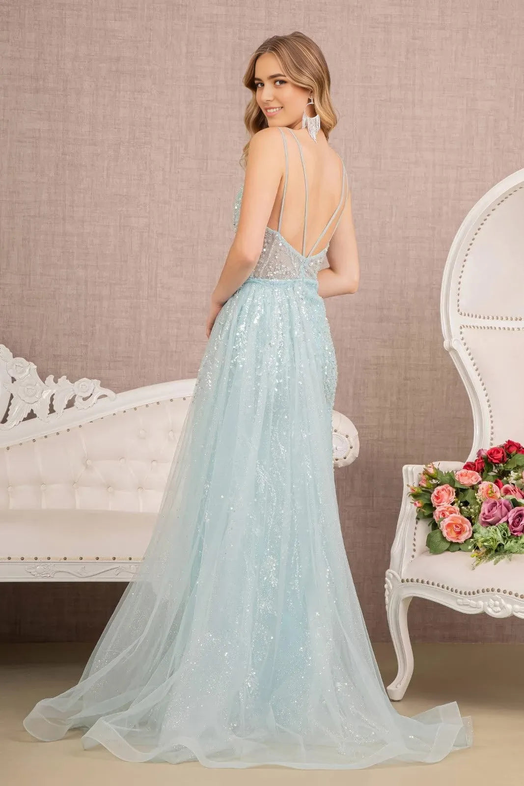 Glamorous Sheath V-Neck Spaghetti-Strap Open-Back Train-Floor-Length Beaded Prom Dress