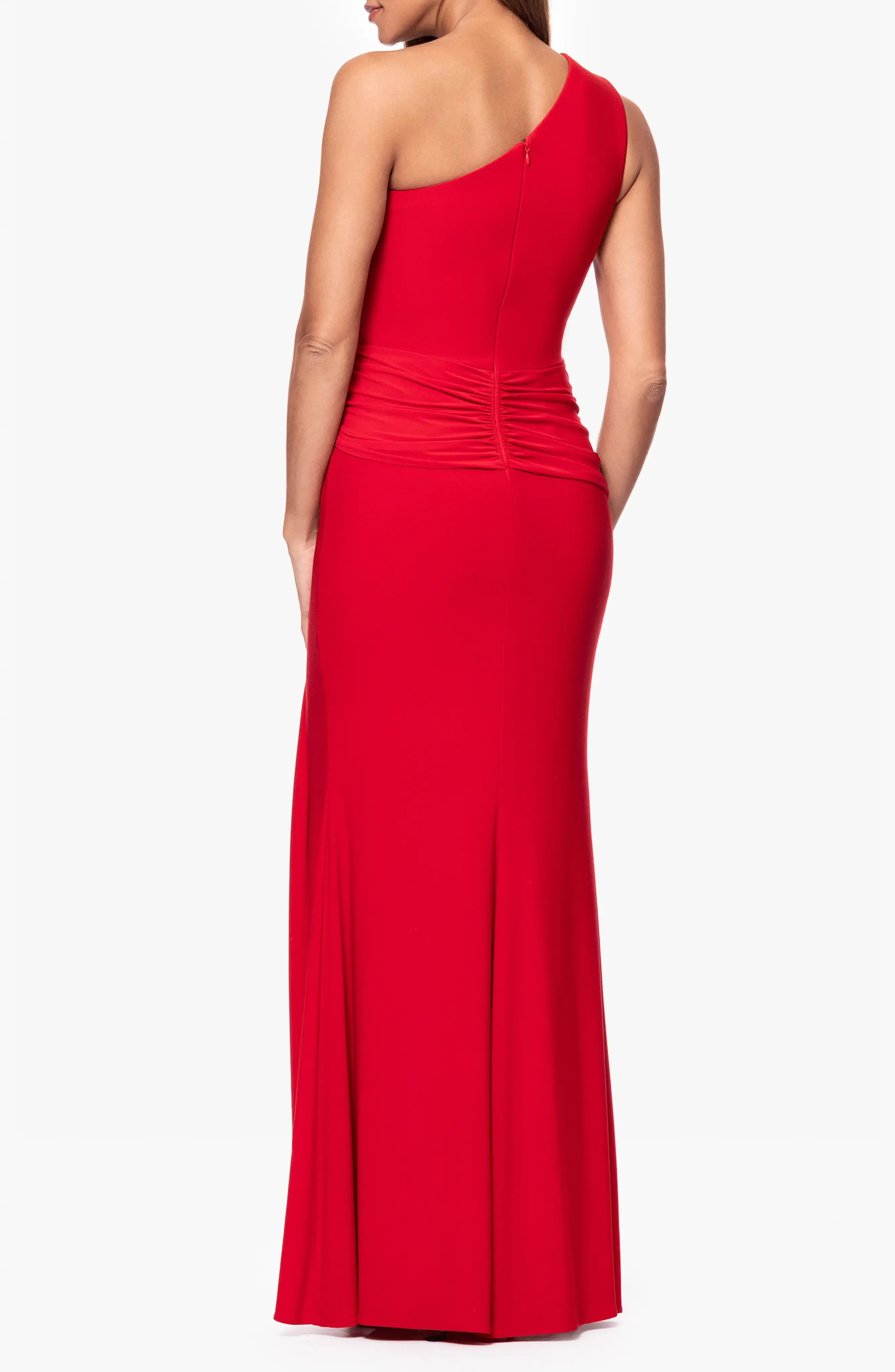 Glamorous Trumpet One Shoulder Sleeveless Ruched Back Maxi Evening Dress