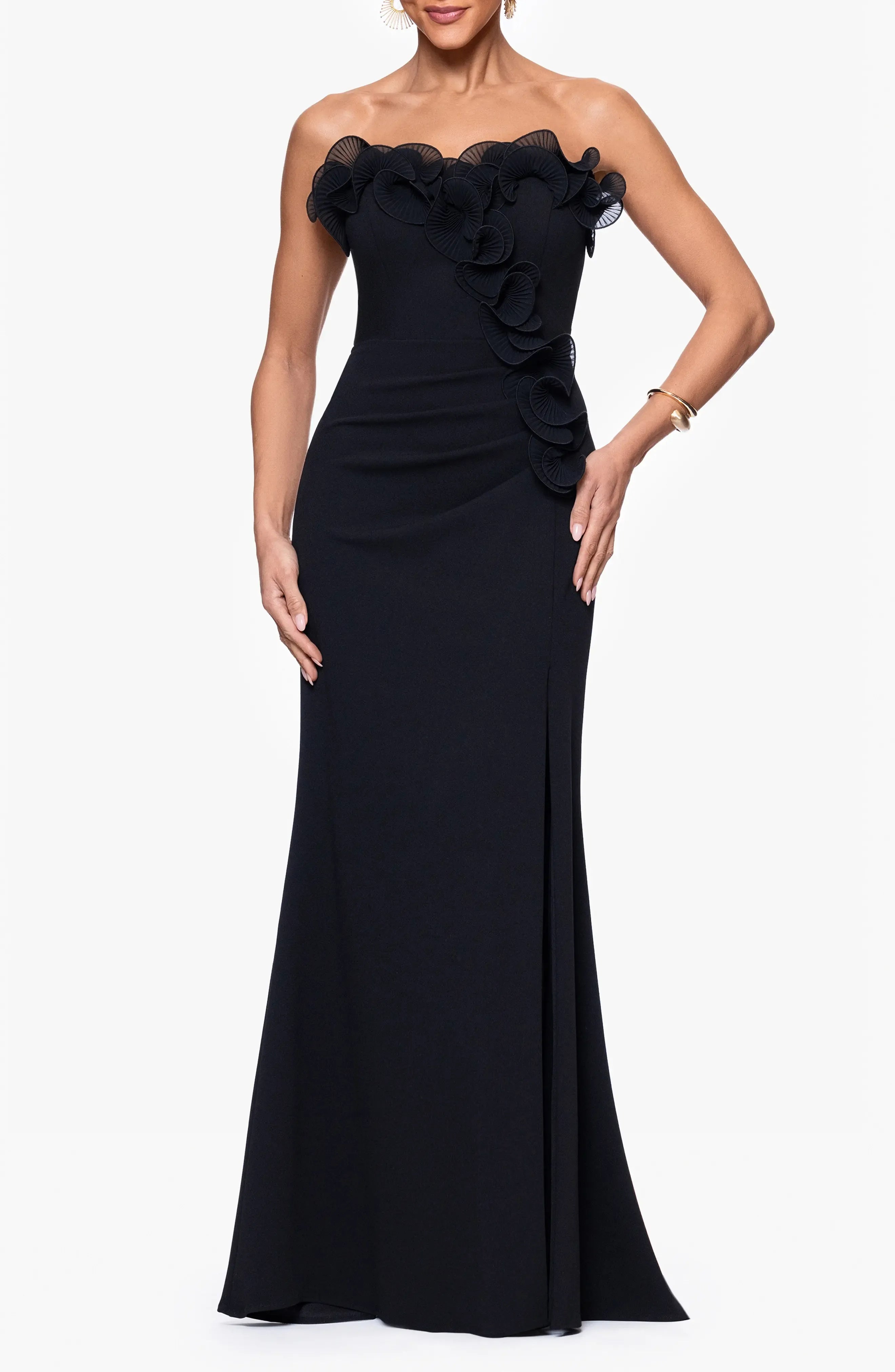 Glamorous Trumpet Strapless Ruffled Trim Zipper Back Maxi Evening Dress