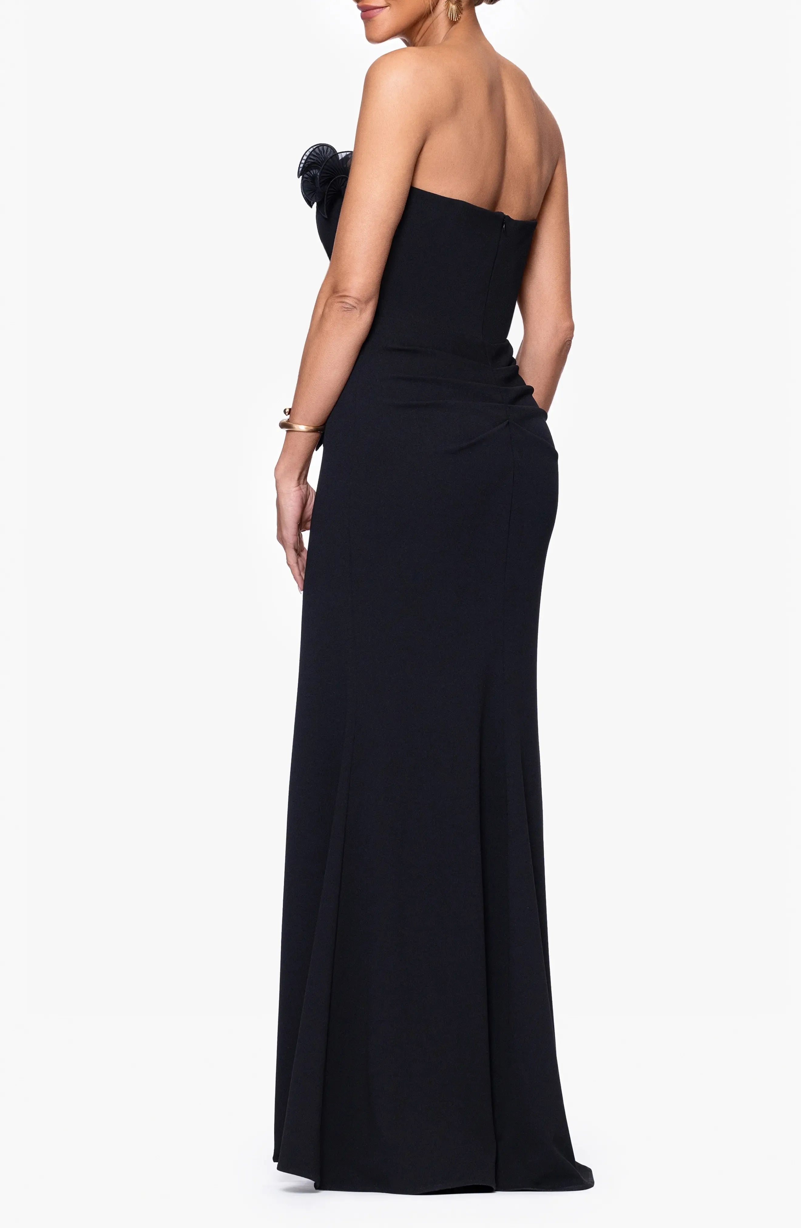 Glamorous Trumpet Strapless Ruffled Trim Zipper Back Maxi Evening Dress