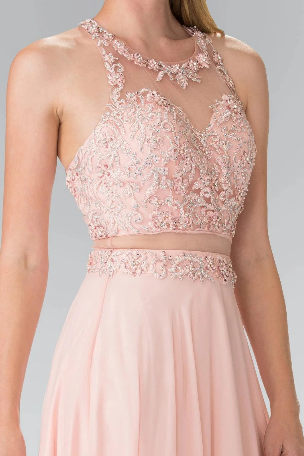 Glamorous Two-Piece Halter Sleeveless Open-Back Floor-Length Beaded Prom Dress