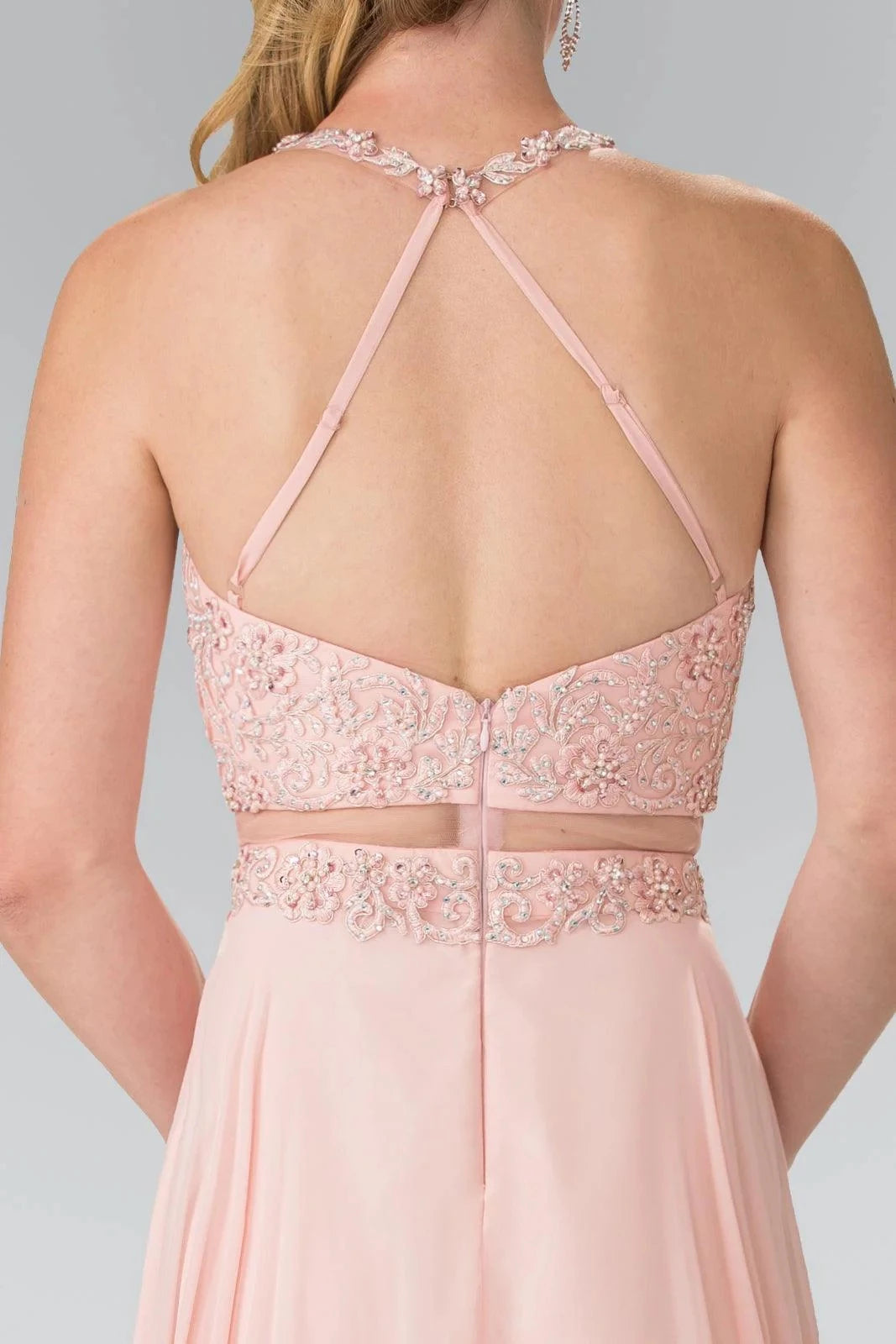 Glamorous Two-Piece Halter Sleeveless Open-Back Floor-Length Beaded Prom Dress