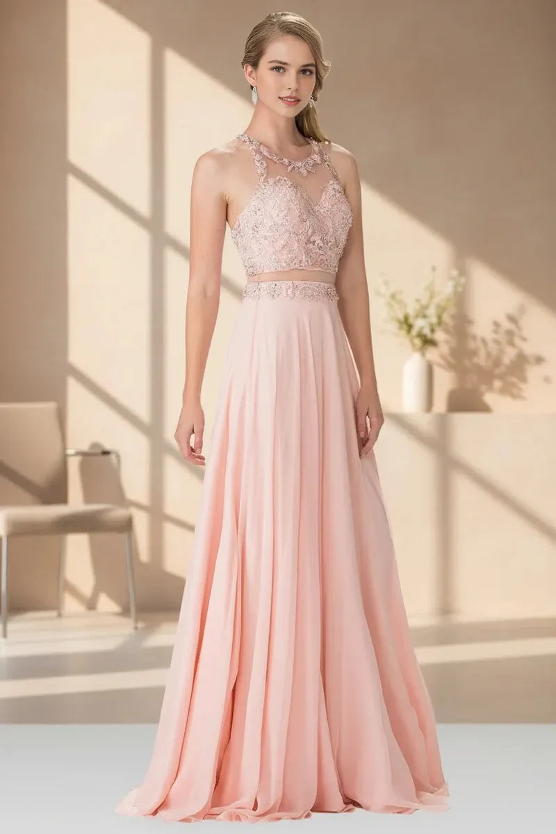 Glamorous Two-Piece Halter Sleeveless Open-Back Floor-Length Beaded Prom Dress