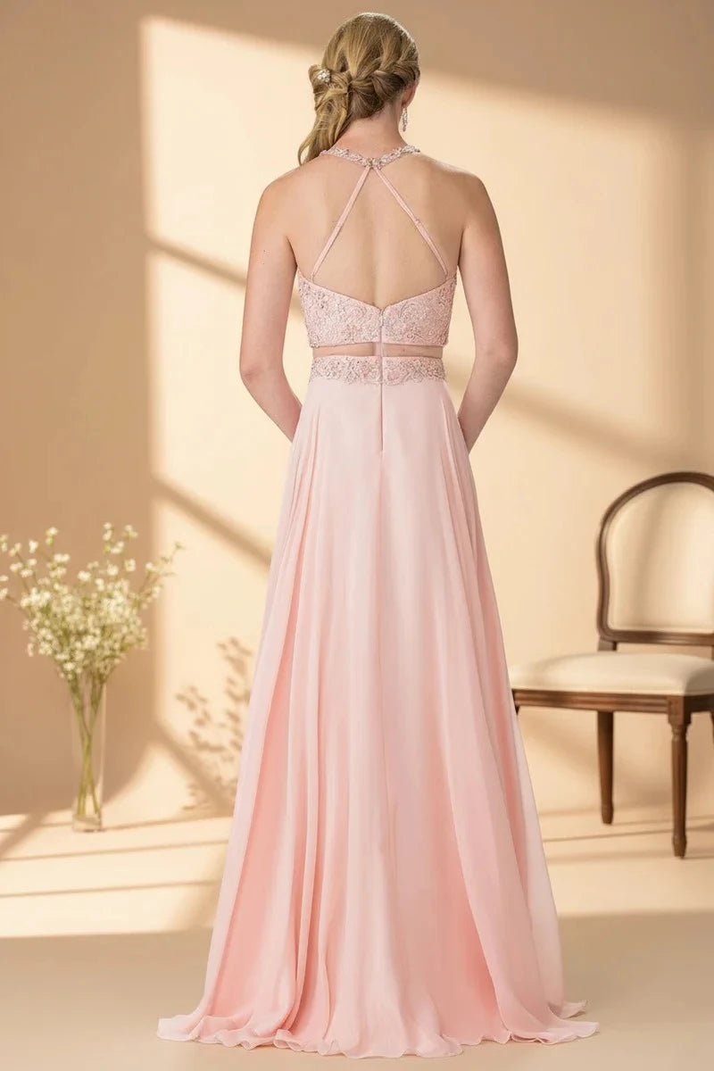 Glamorous Two-Piece Halter Sleeveless Open-Back Floor-Length Beaded Prom Dress