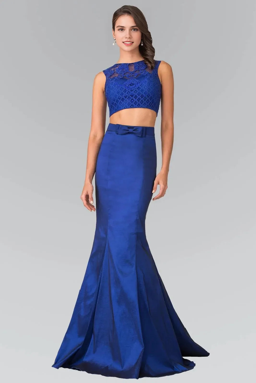 Glamorous Two-Piece High-Neck Sleeveless Zipper-Back Floor-Length Taffeta Prom Dress