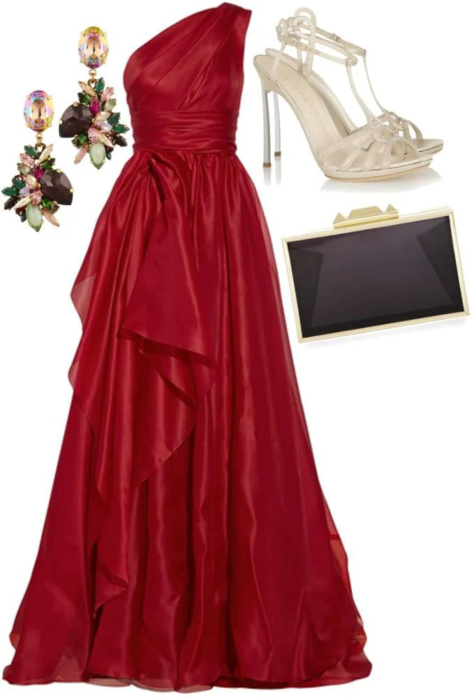 Glamorous A line One Shoulder Sleeveless Red Organza Long Evening Party Gowns Evening Special Formal Dresses Prom Dress