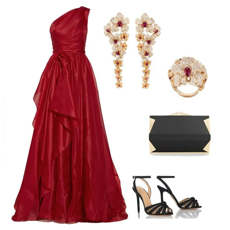 Glamorous A line One Shoulder Sleeveless Red Organza Long Evening Party Gowns Evening Special Formal Dresses Prom Dress